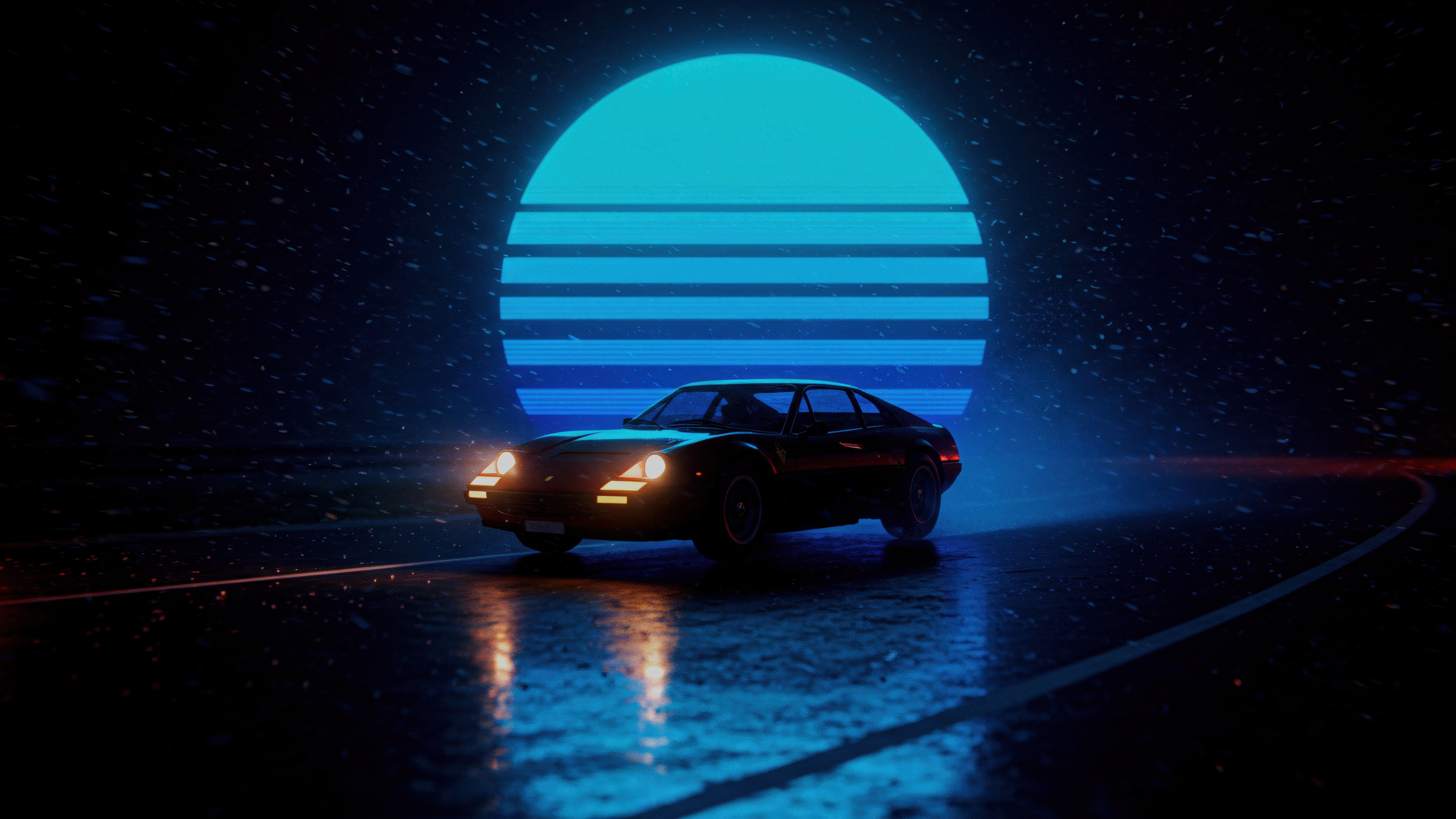 Retro car on a wet road with a neon sun HD Wallpaper
