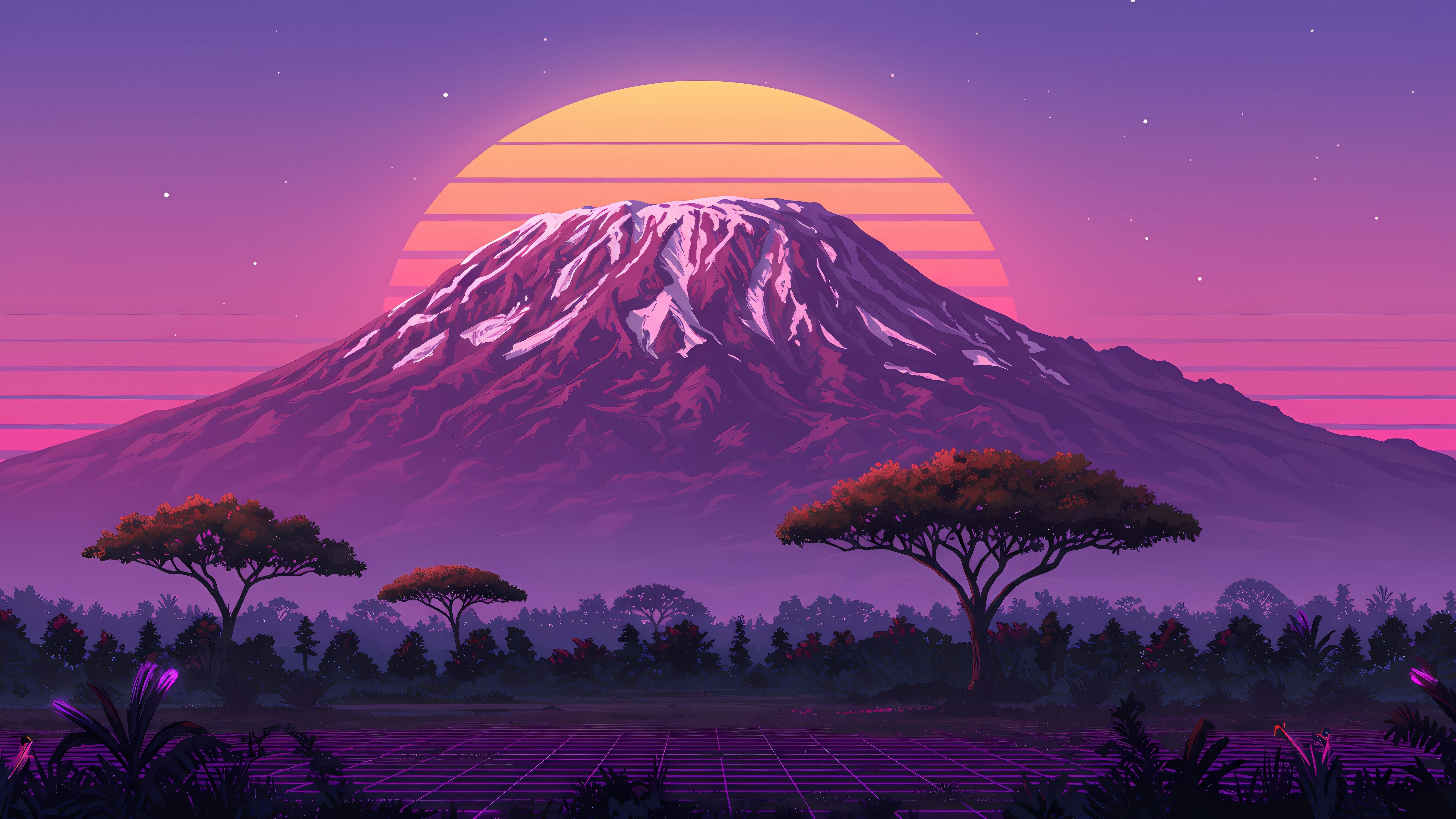 Retro Sunrise Over Snow-Capped Mountain HD Wallpaper