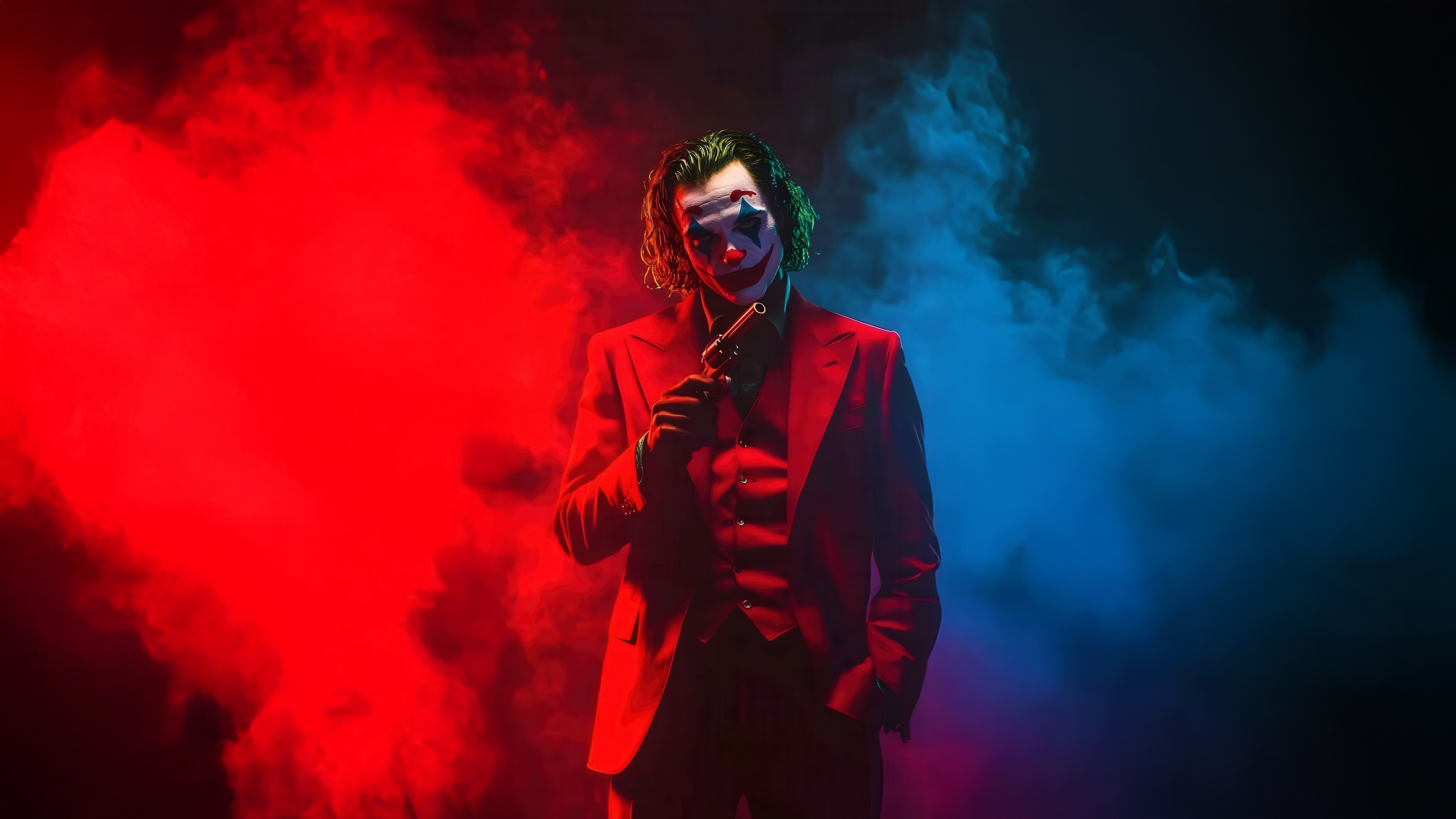 Joker holding a gun with red and blue smoke HD Wallpaper