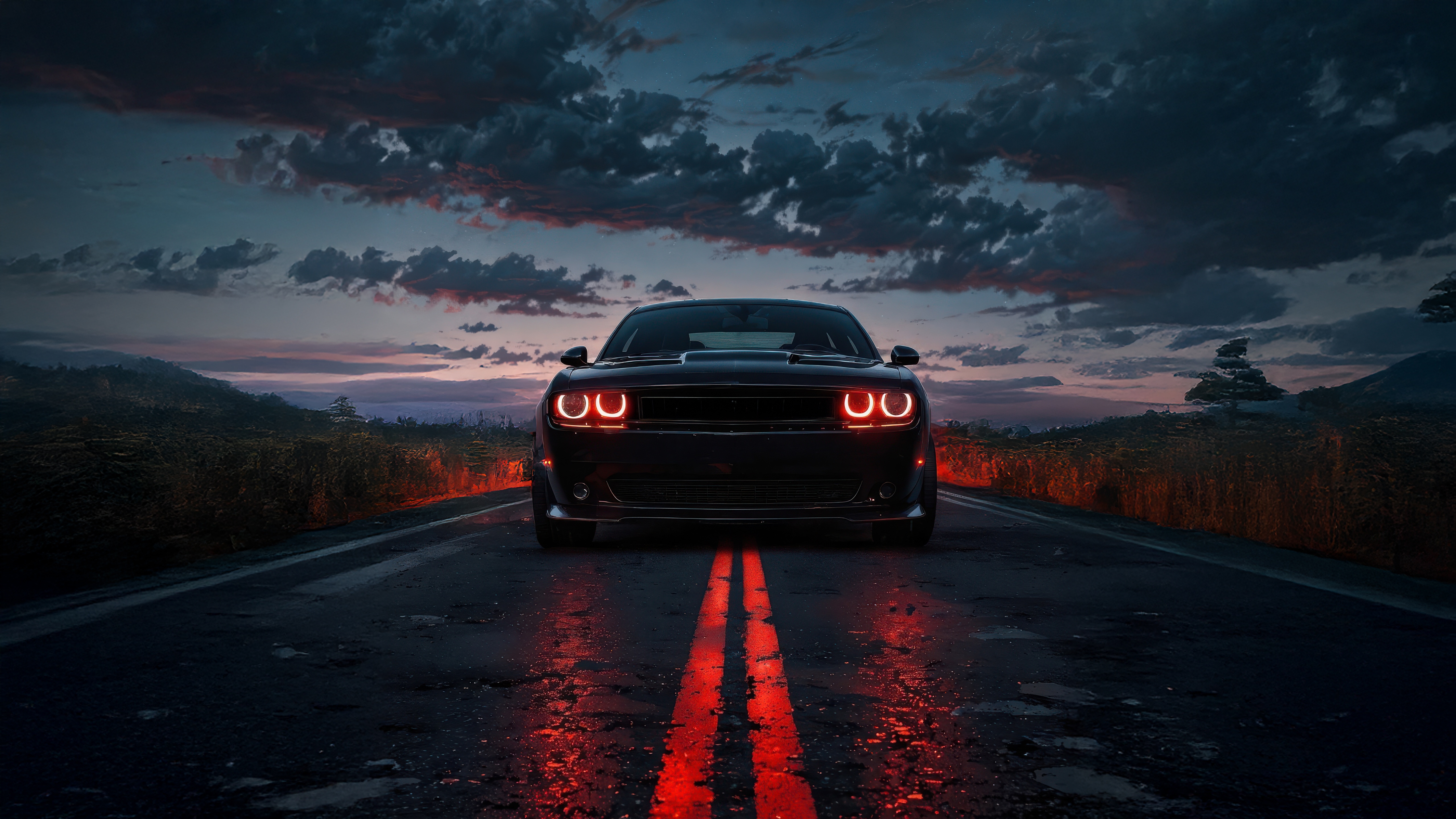 Dodge Challenger with glowing red headlights on a wet road HD Wallpaper
