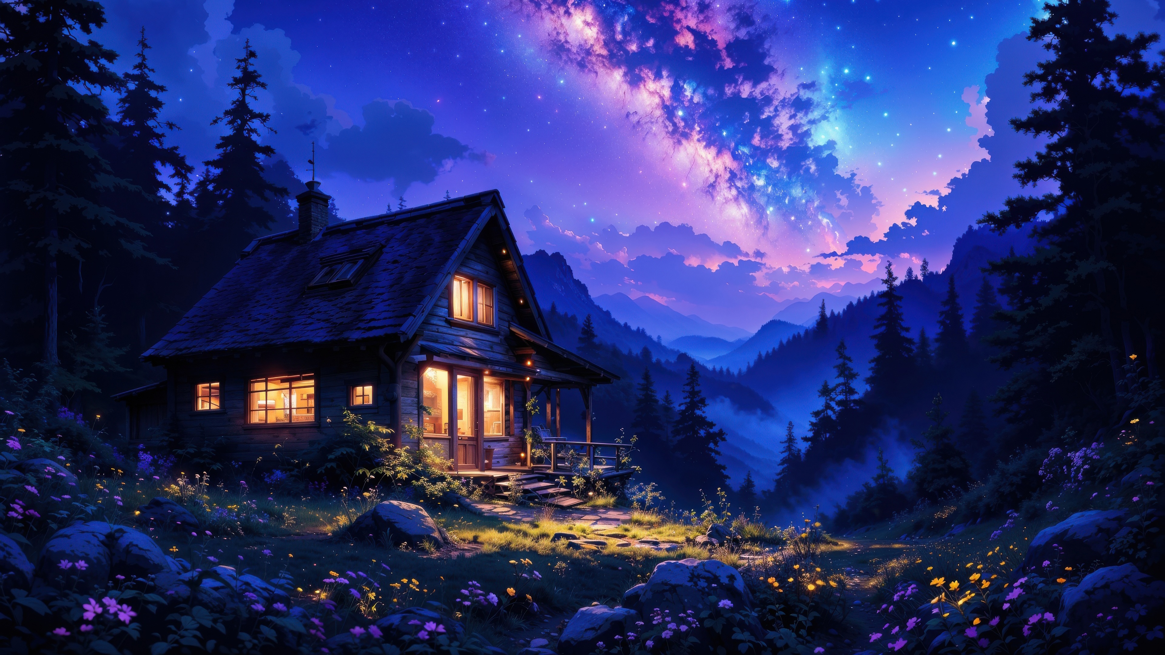 Cozy Cabin Under Starry Skies HD Wallpaper