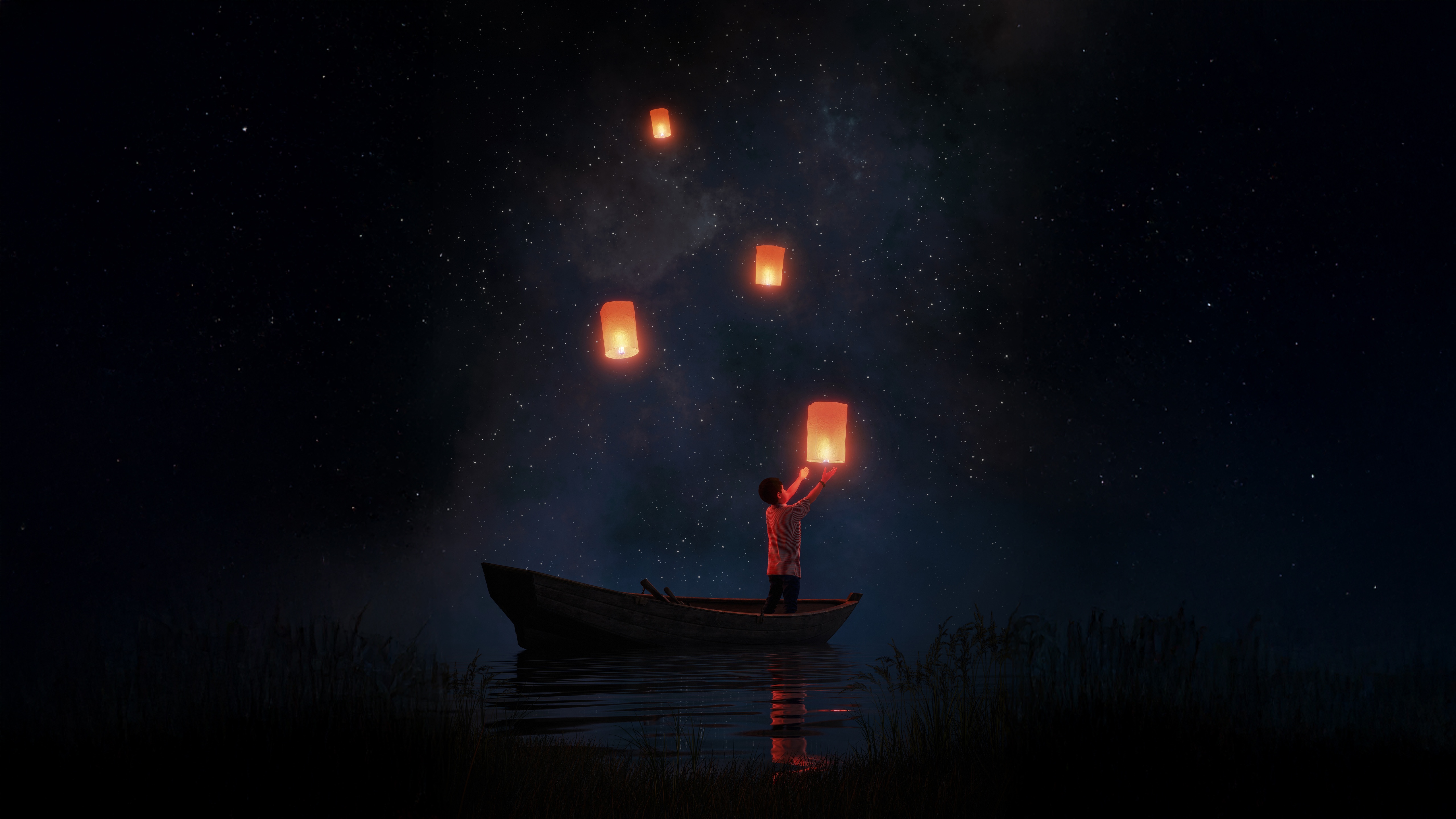 Child Releasing Lanterns into Starry Night Sky HD Wallpaper