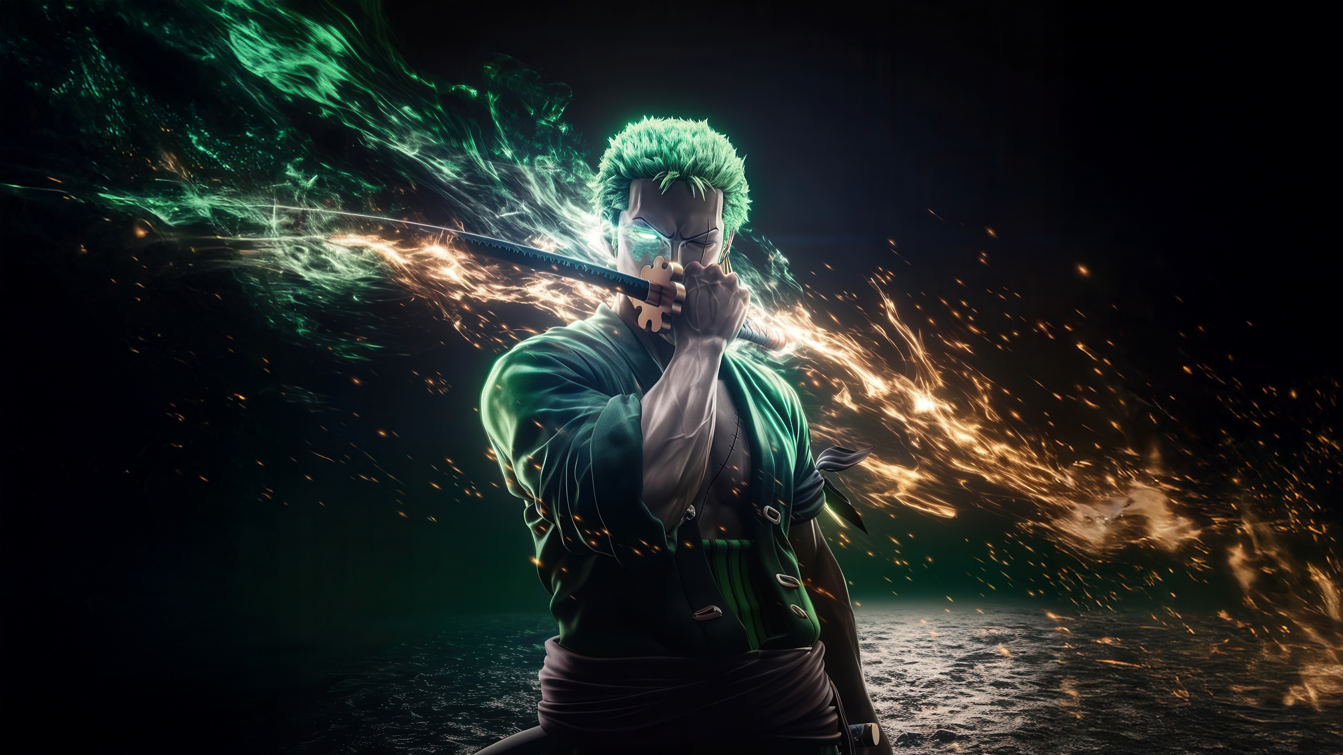 Roronoa Zoro from One Piece with green energy HD Wallpaper