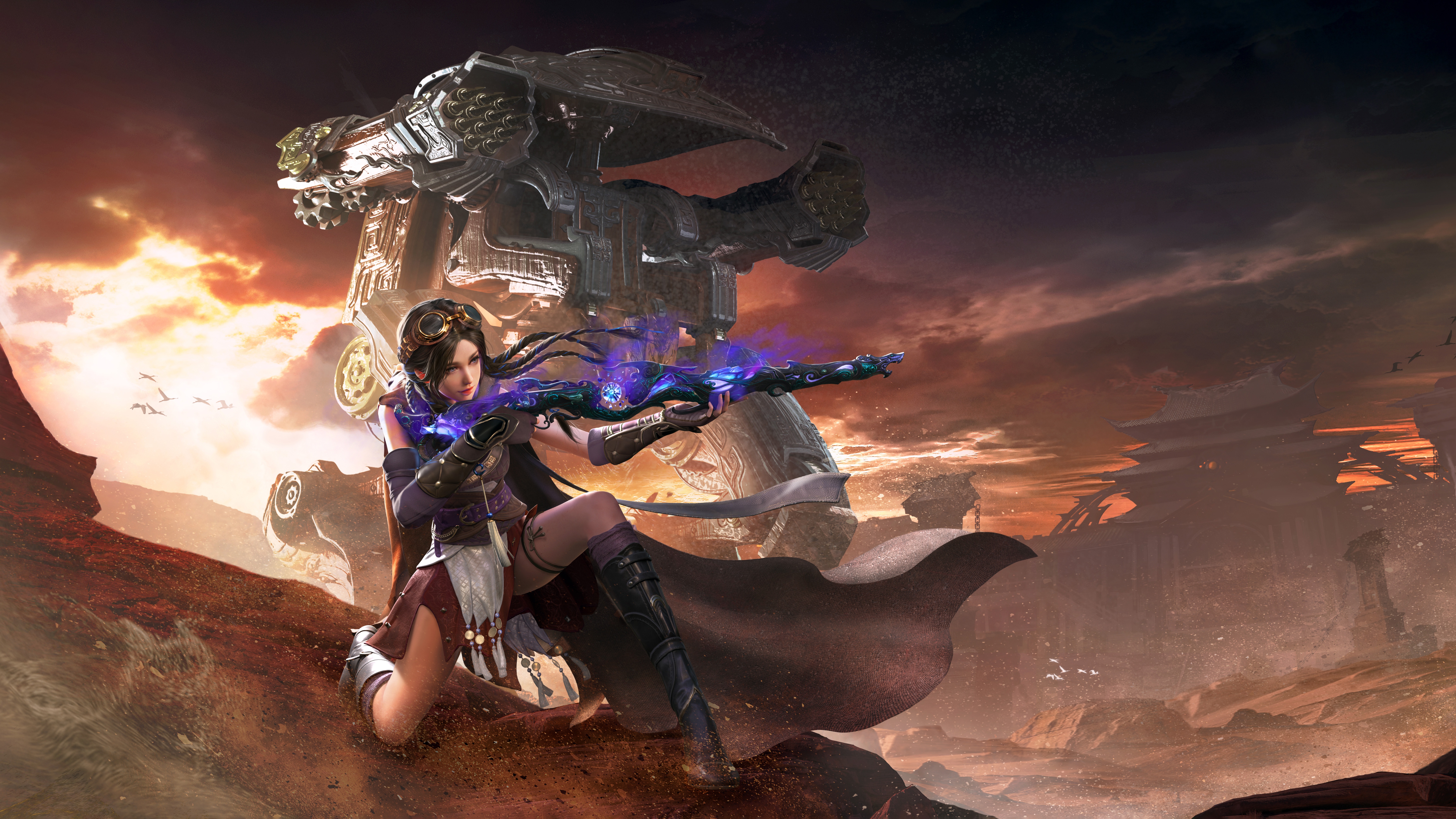Naraka Bladepoint: Woman with energy rifle and mech HD Wallpaper
