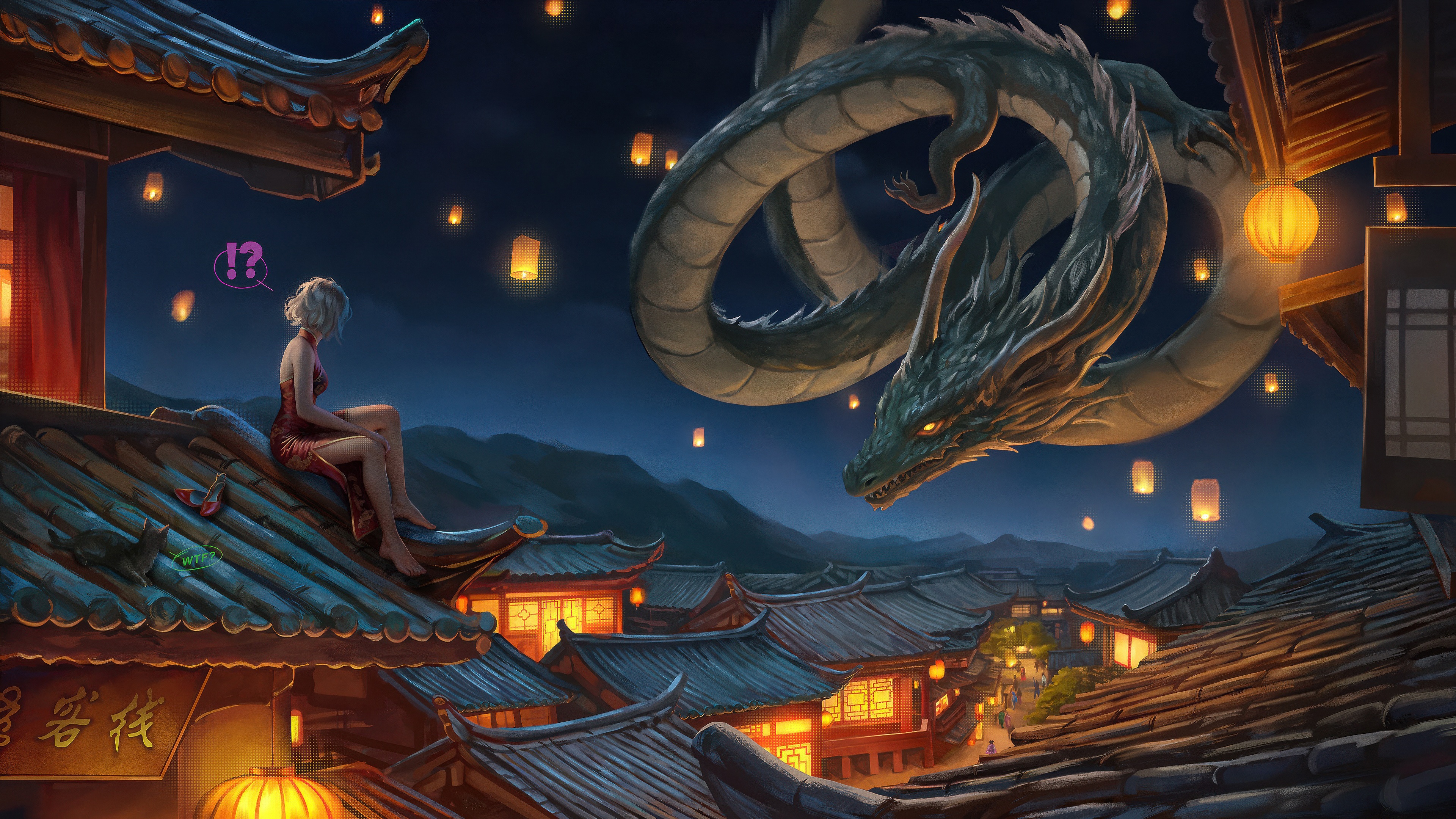 Girl and Dragon over a Chinese Town at Night HD Wallpaper