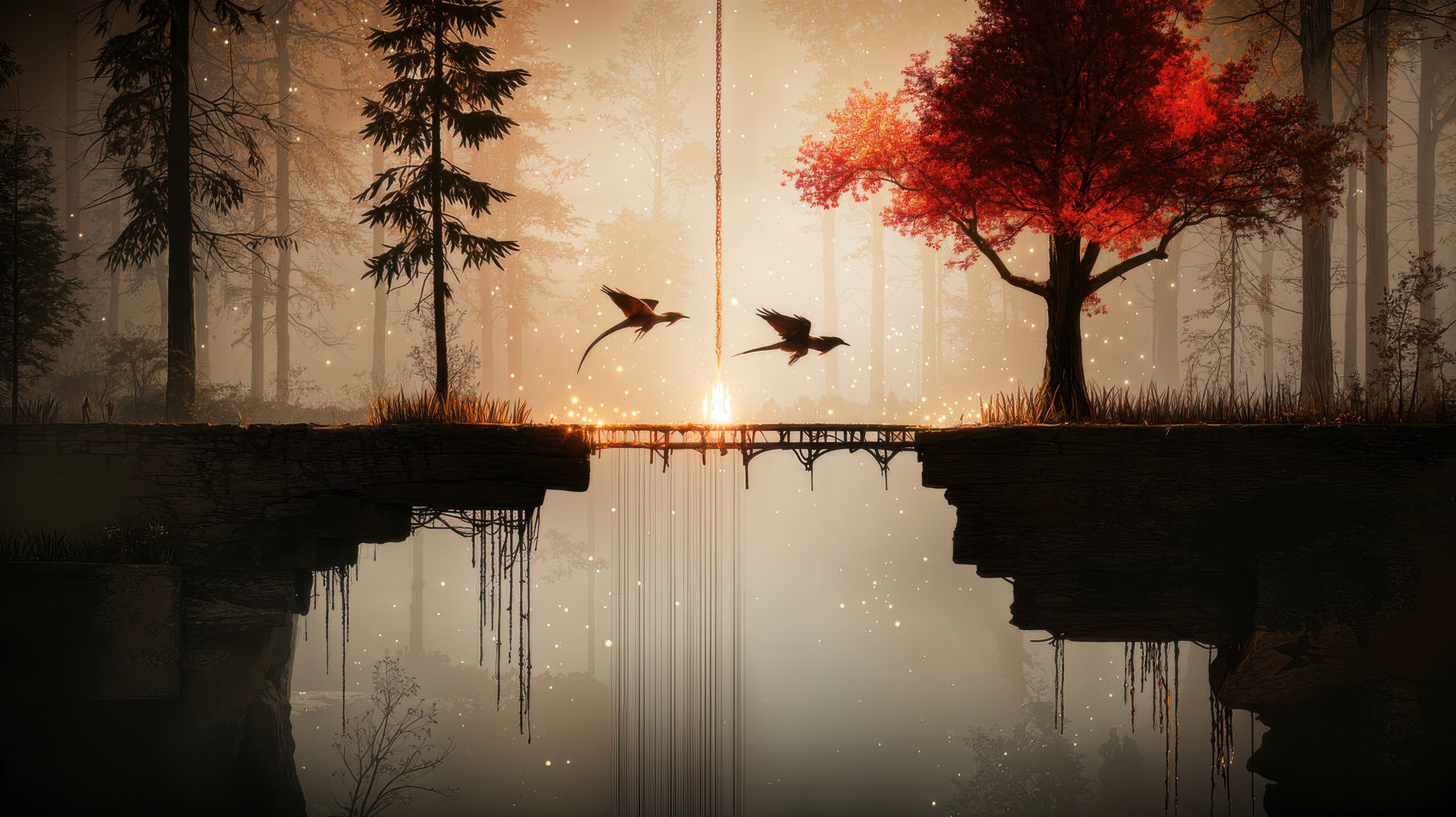 Enchanted Forest Bridge with Flying Creatures HD Wallpaper
