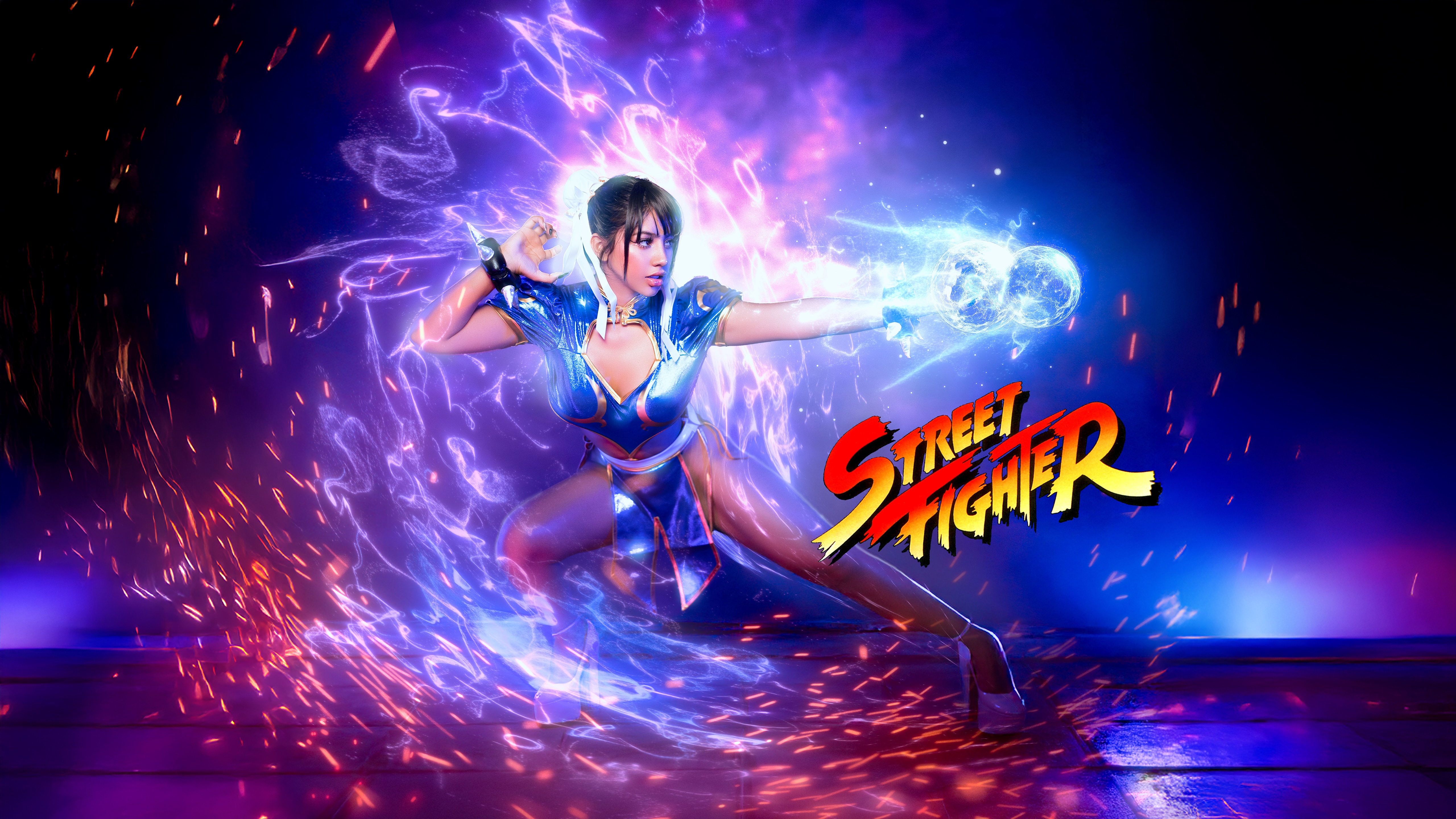 Chun-Li from Street Fighter with energy blasts HD Wallpaper
