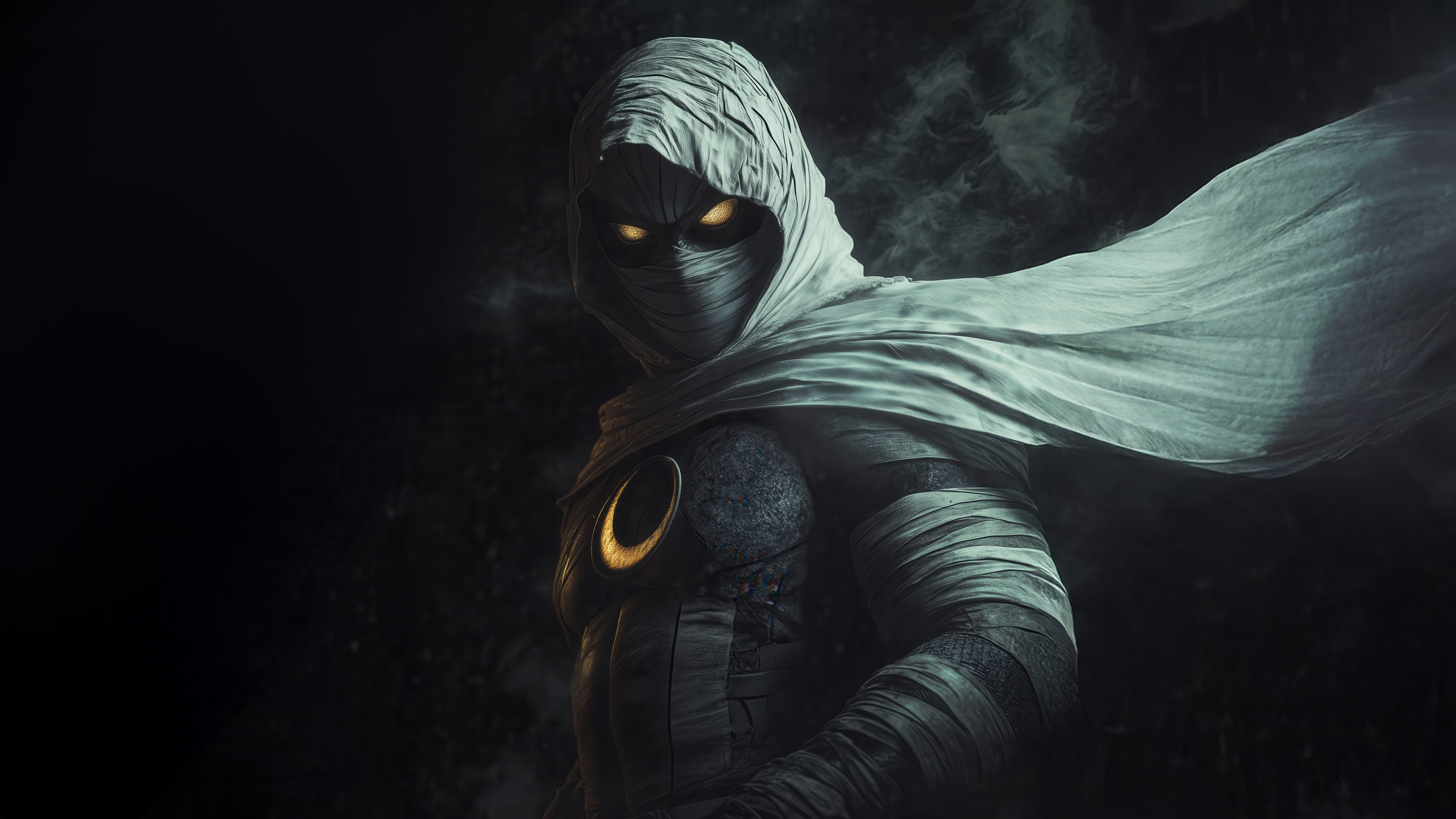 Moon Knight with Glowing Eyes and Crescent Symbol HD Wallpaper