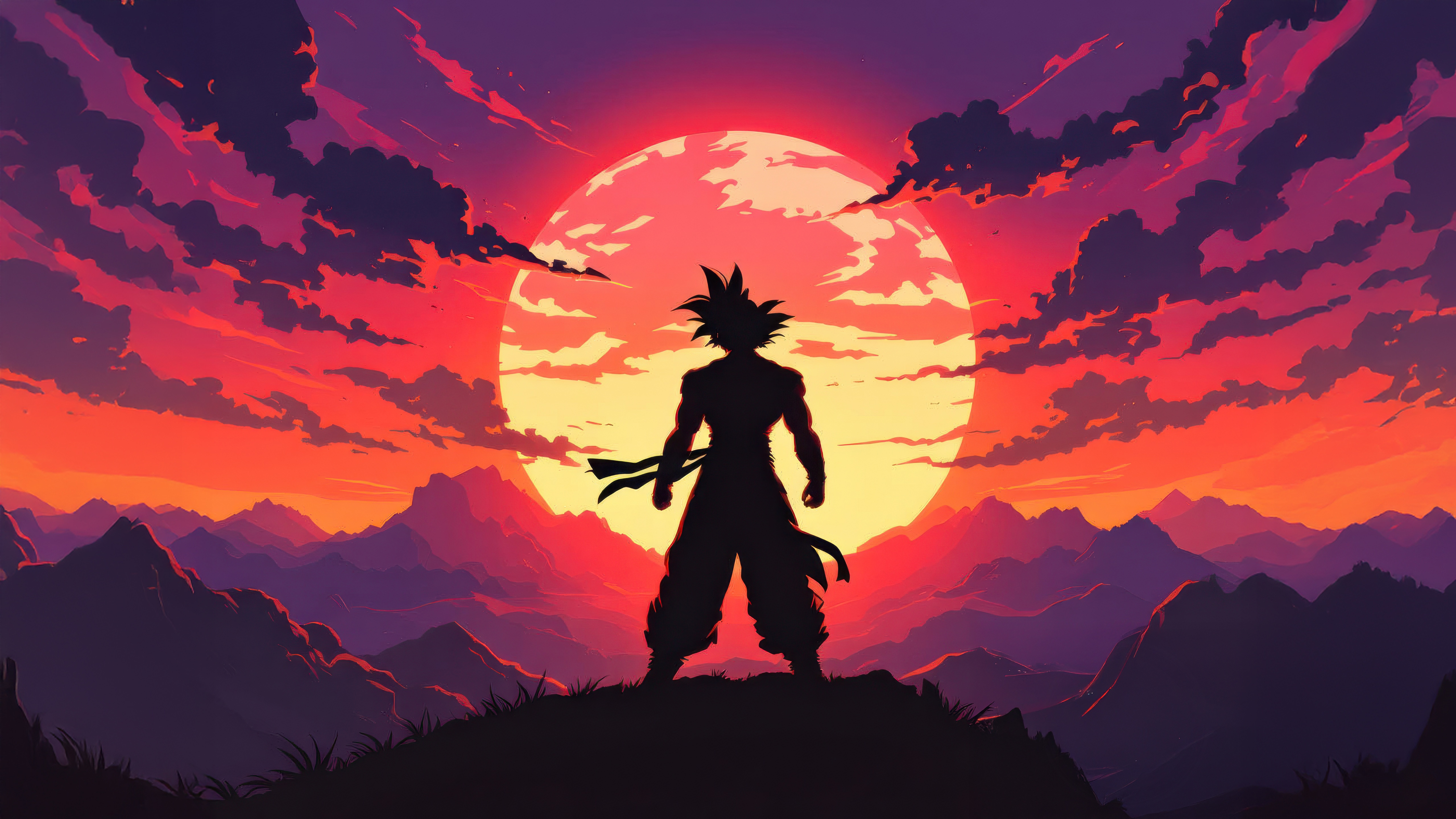 Goku Silhouette Against a Fiery Sunset HD Wallpaper