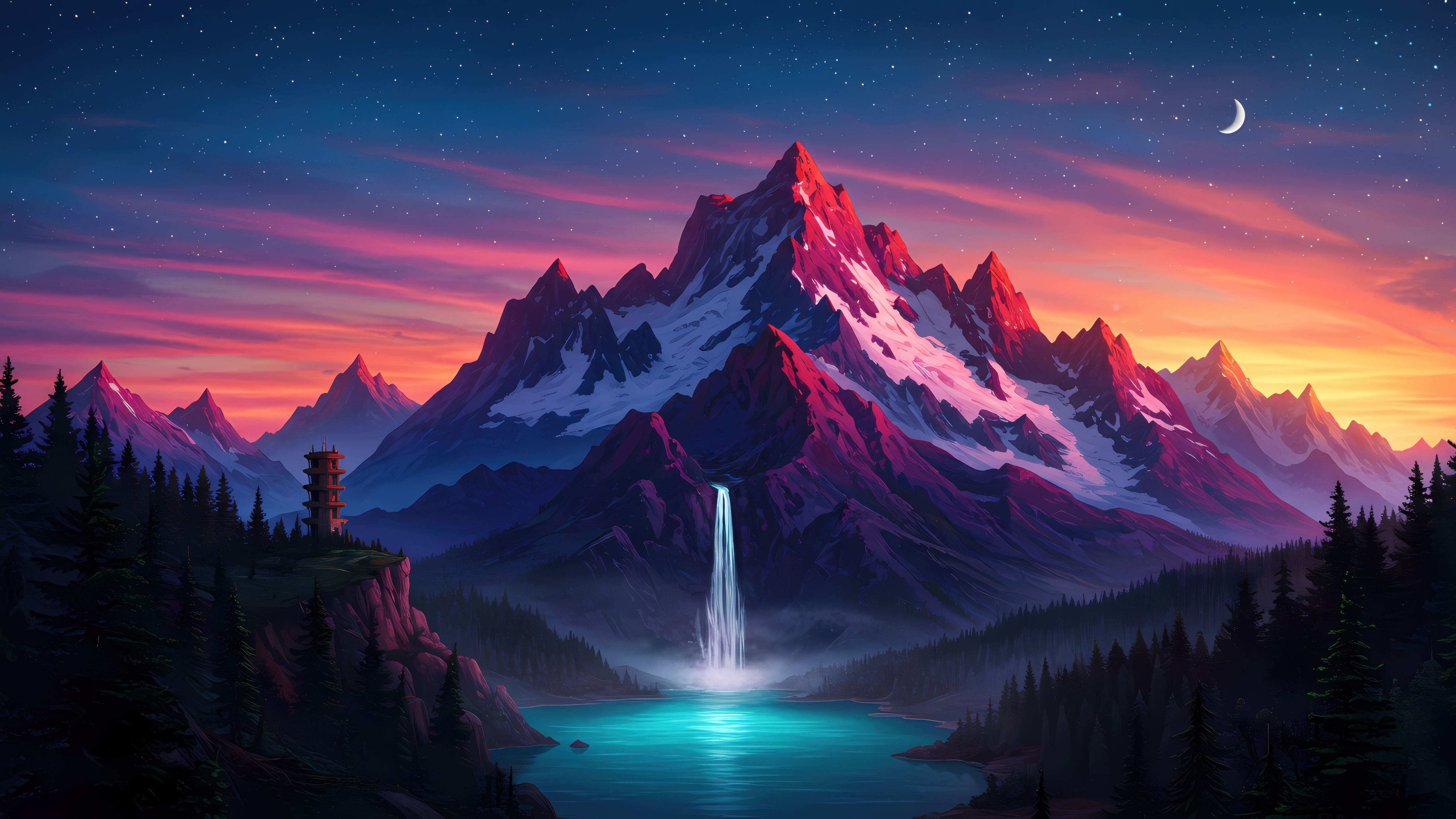 Minimal Waterfall in Mountains Scenery HD Wallpaper