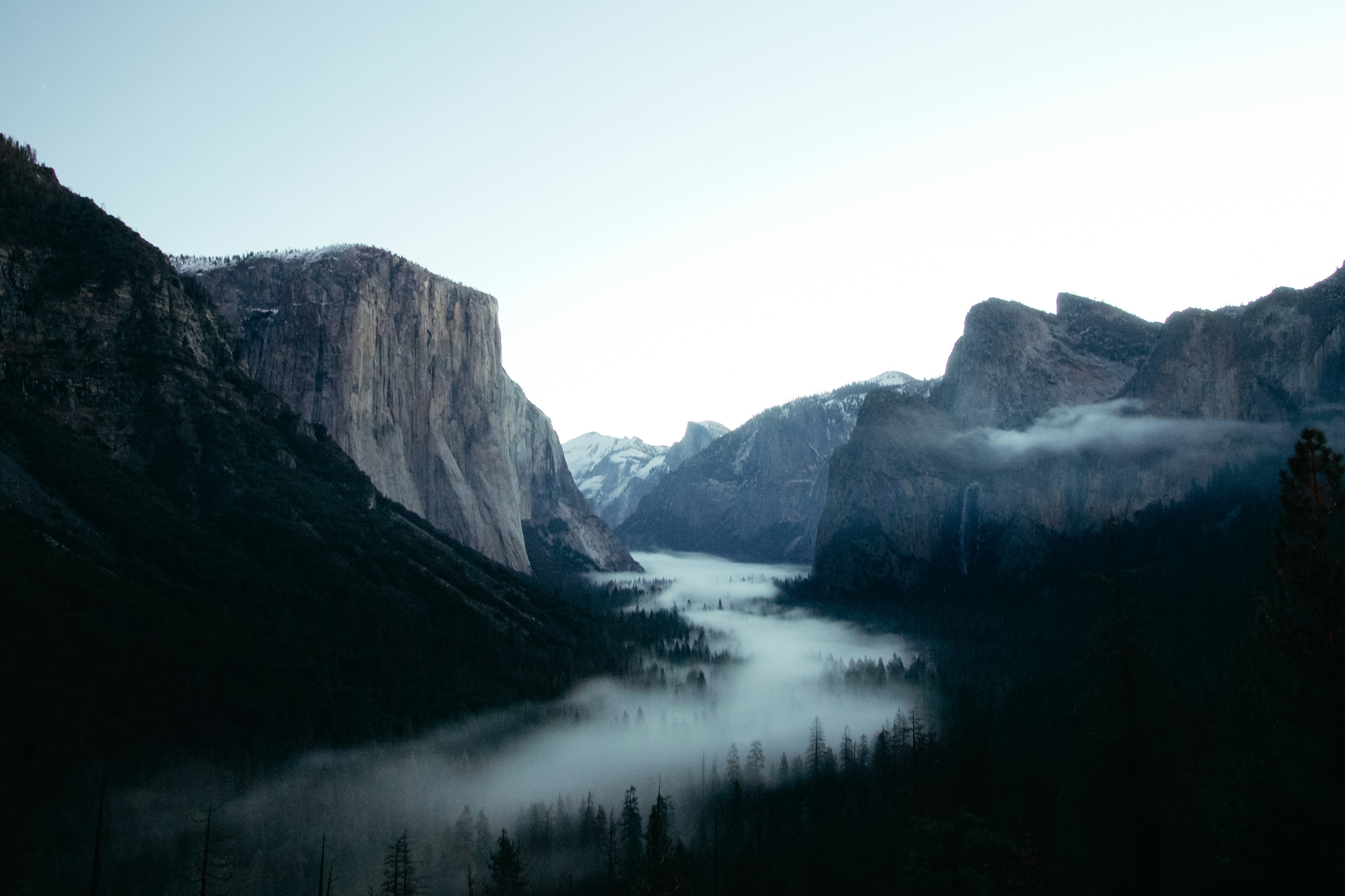 Yosemite Valley with Fog and Snowy Mountains HD Wallpaper