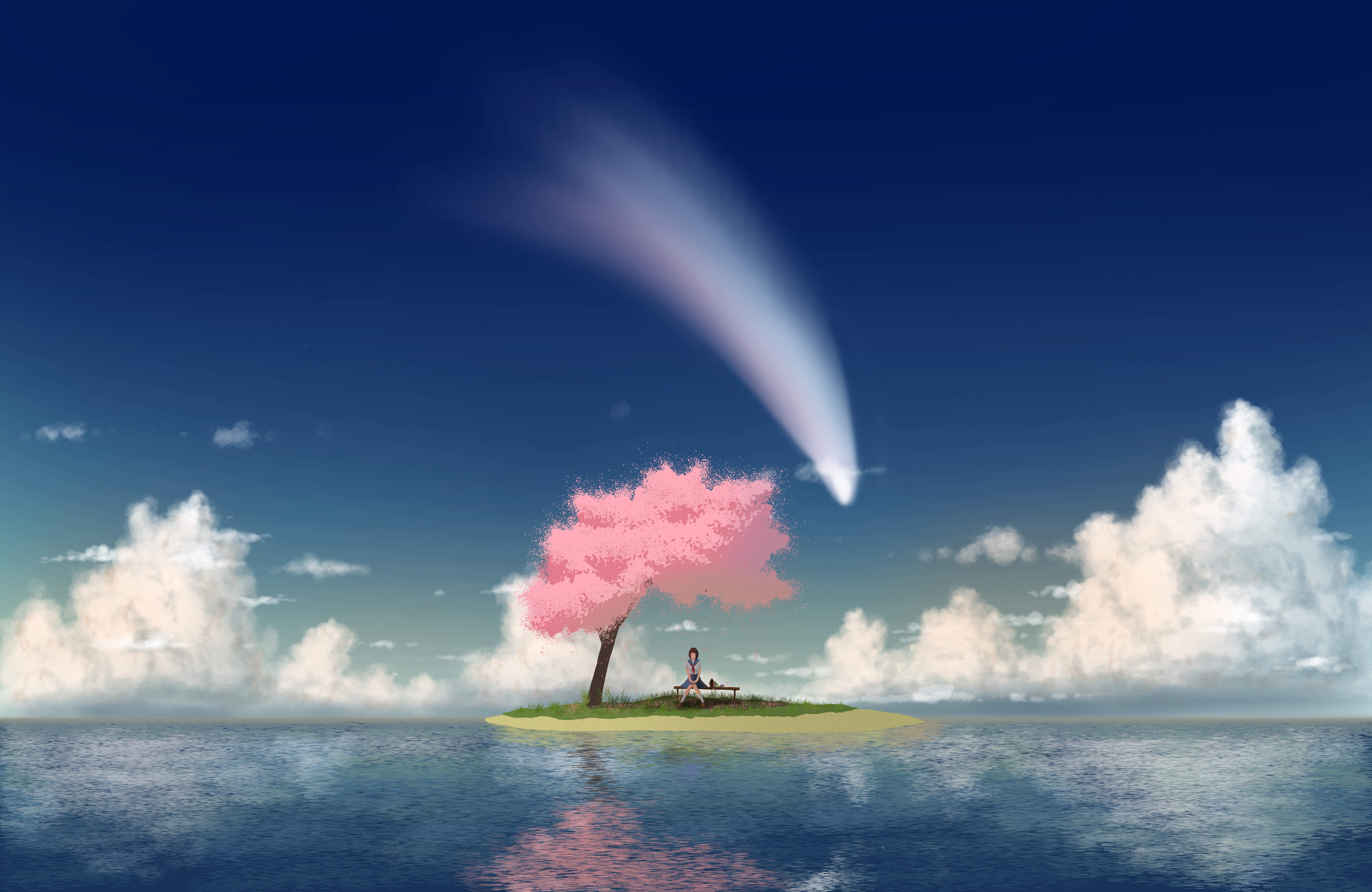 Girl under a cherry blossom tree on an island HD Wallpaper