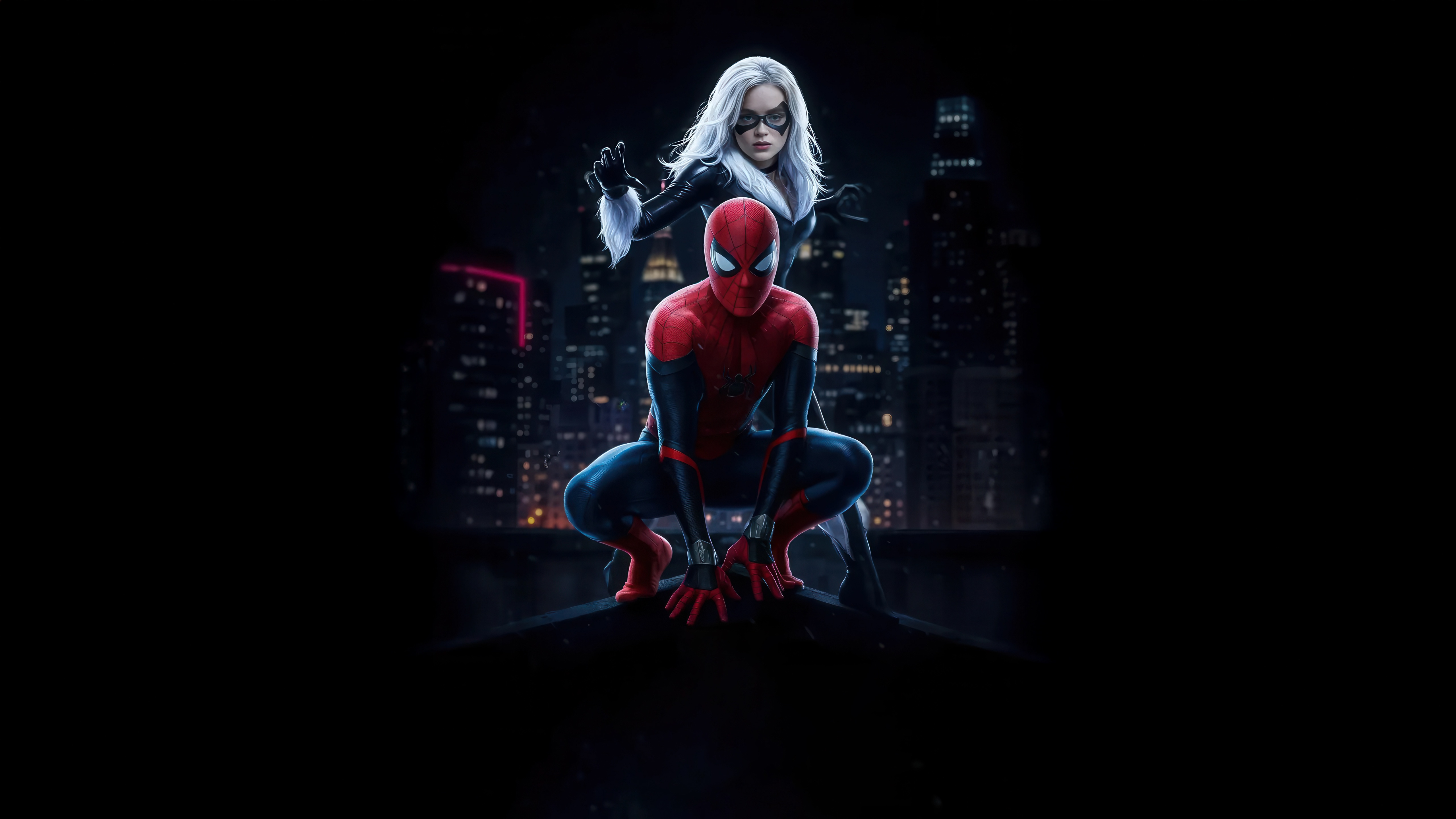 Spider-Man and Black Cat on a Rooftop HD Wallpaper