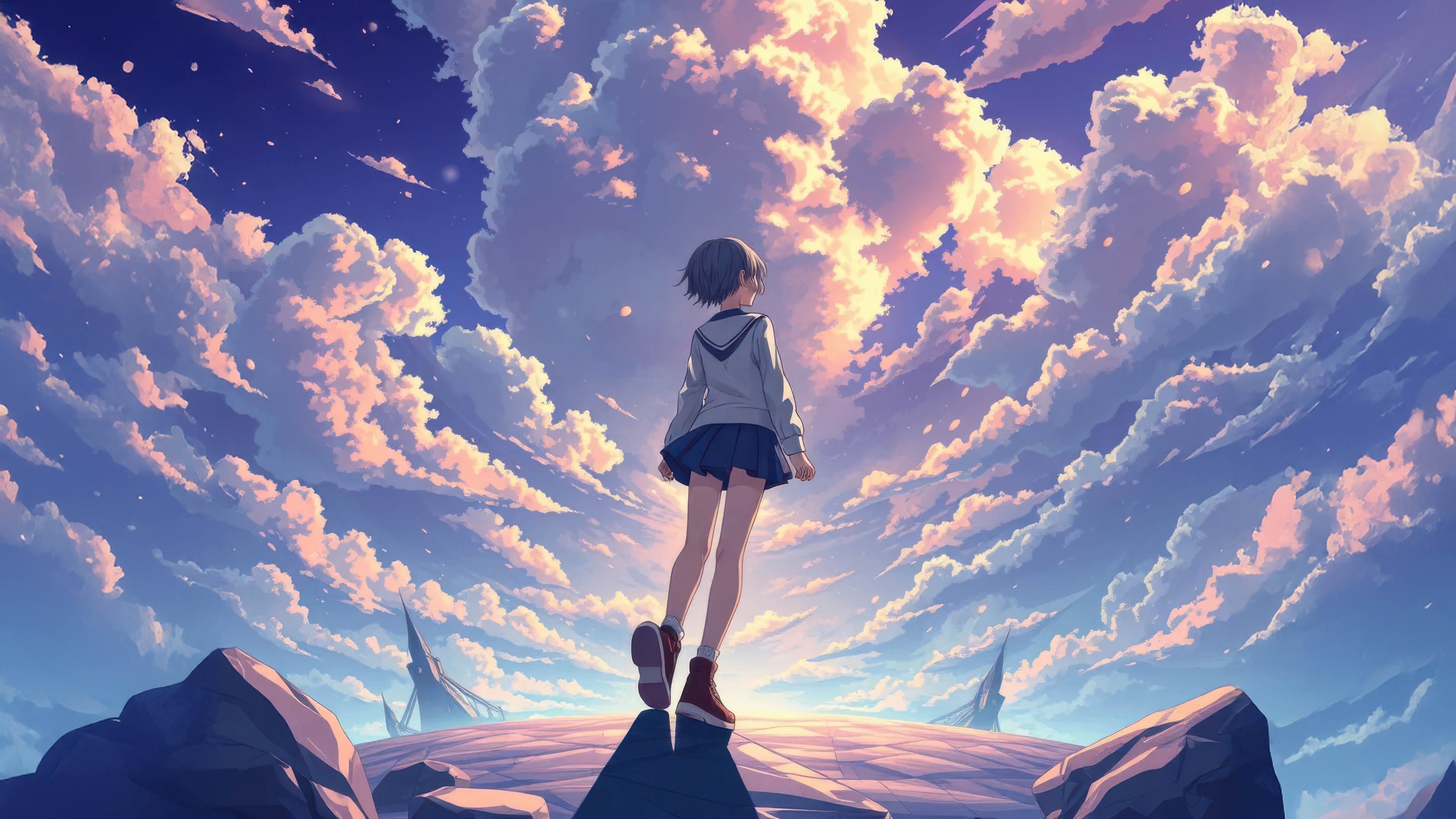 Anime girl standing on rocks looking at the sky HD Wallpaper