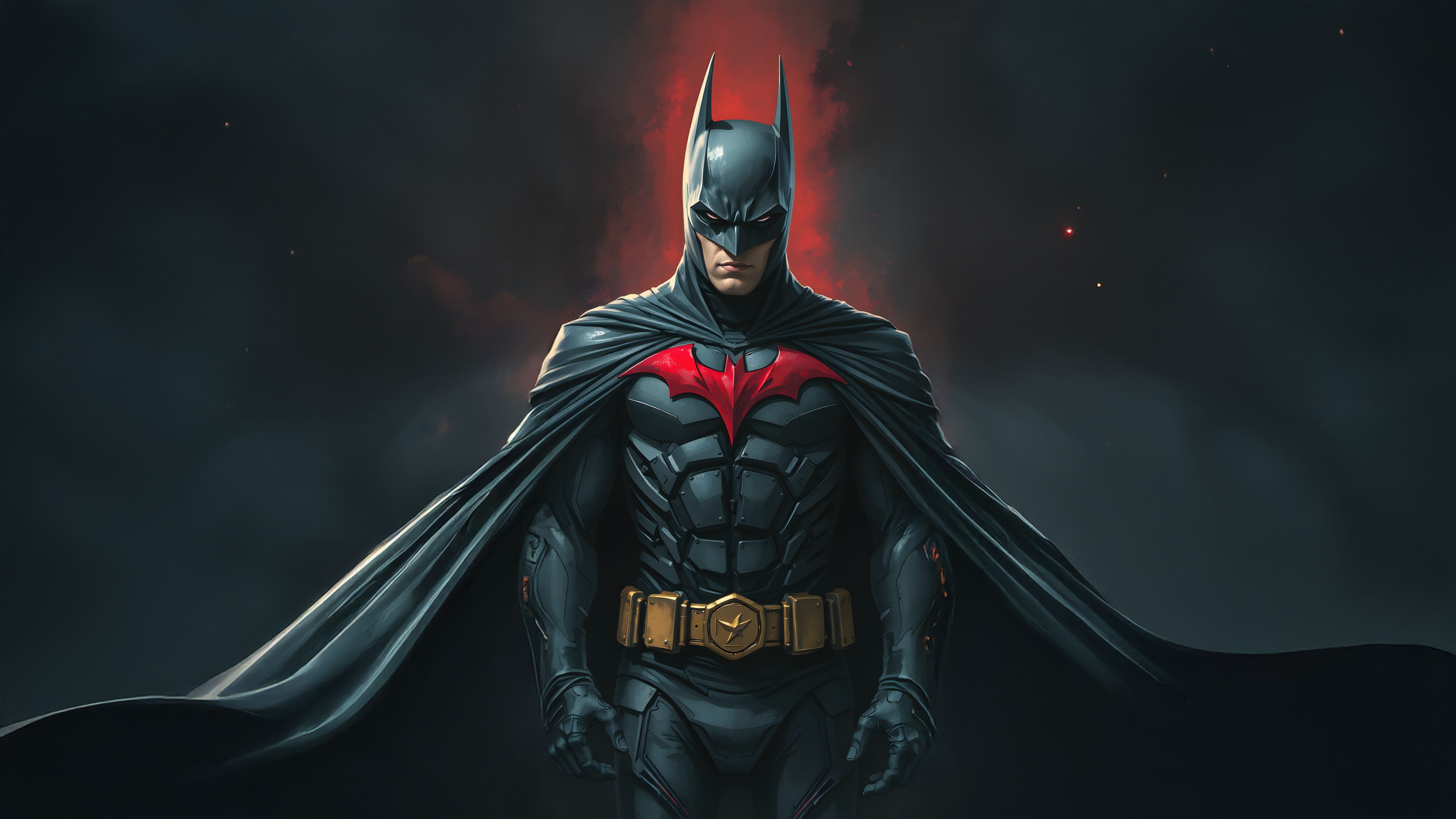 Batman with red bat symbol and black cape HD Wallpaper