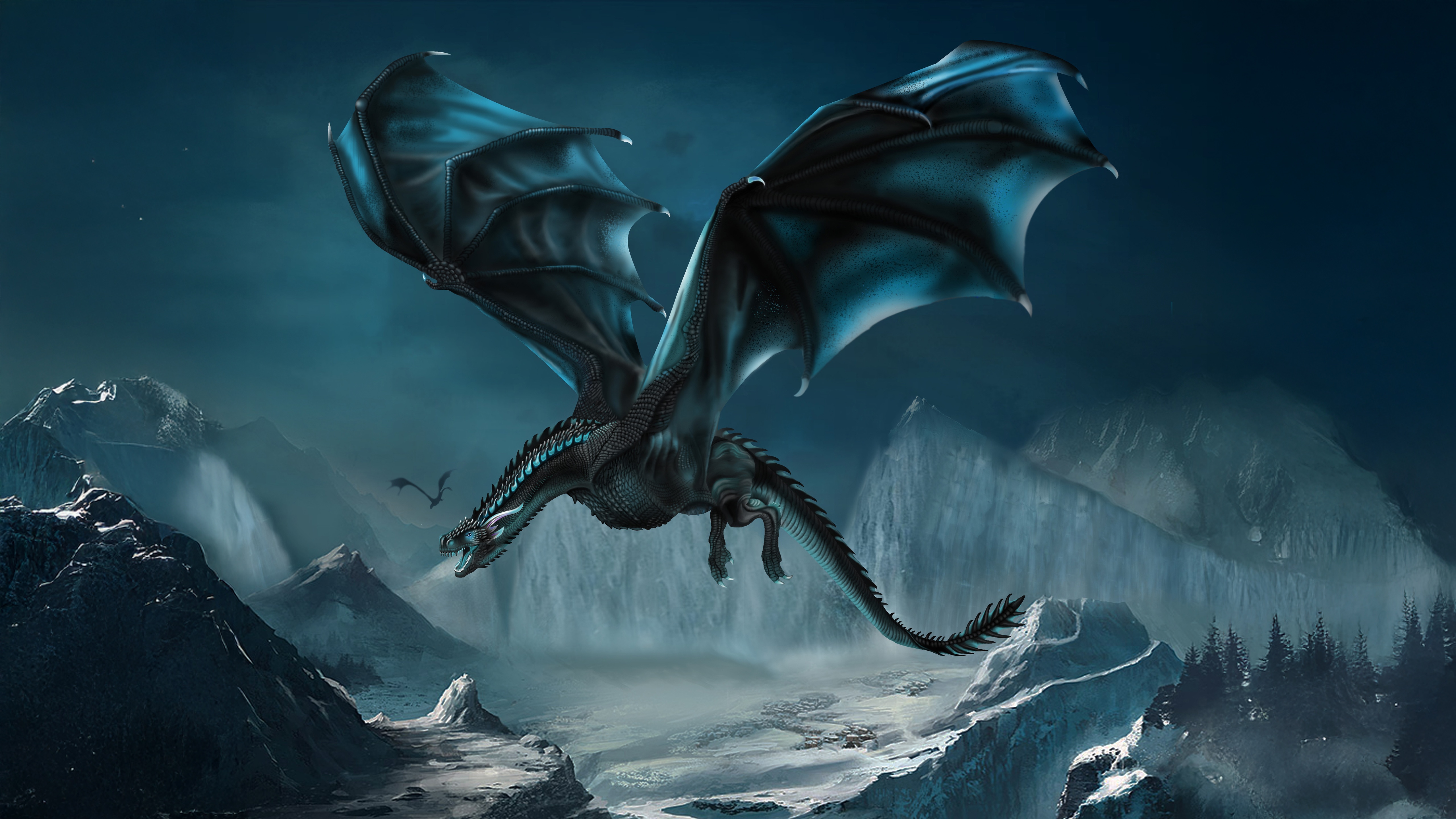 Ice Dragon flying over snowy mountains HD Wallpaper