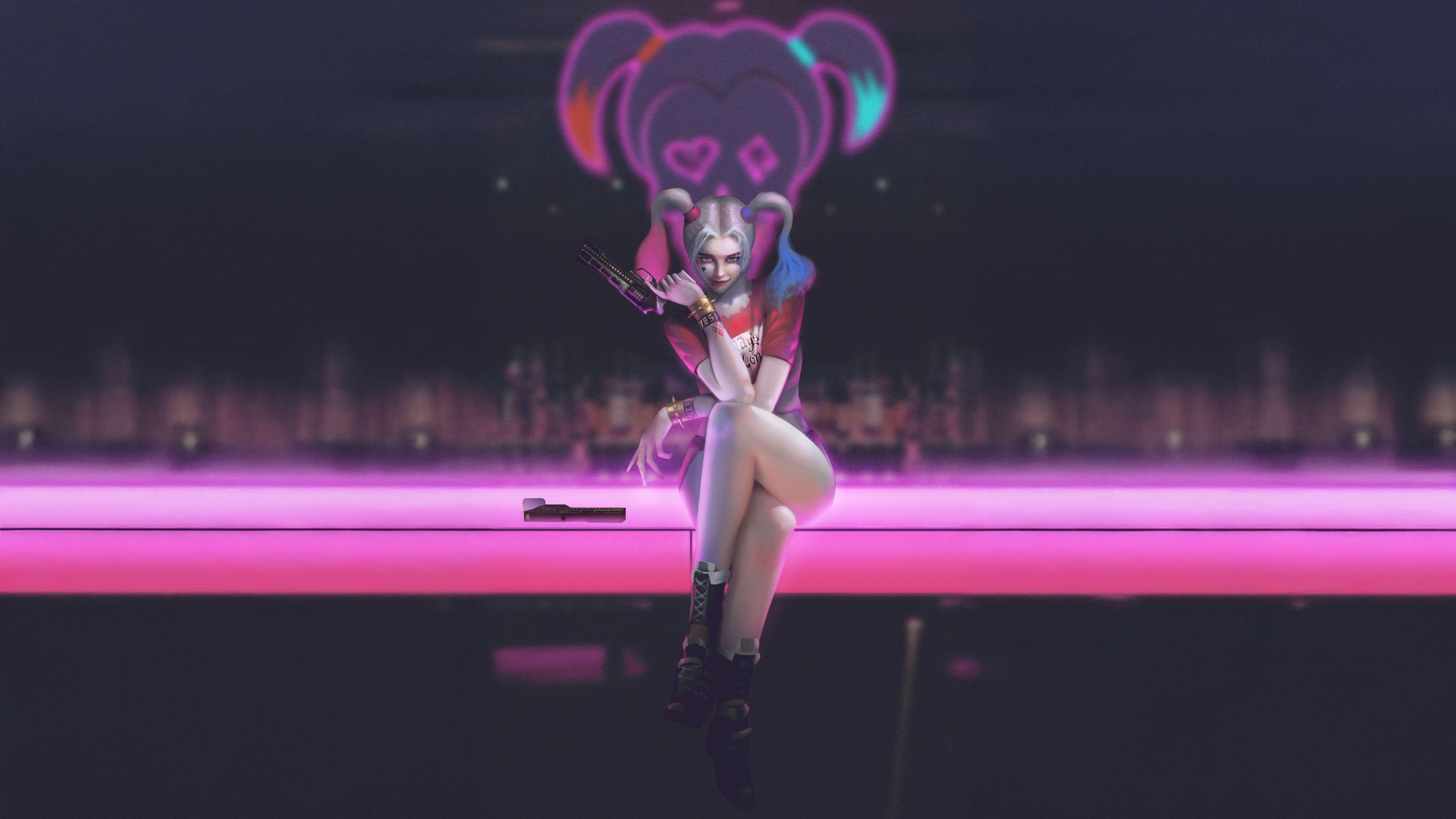 Harley Quinn Poses with Guns in Neon City HD Wallpaper