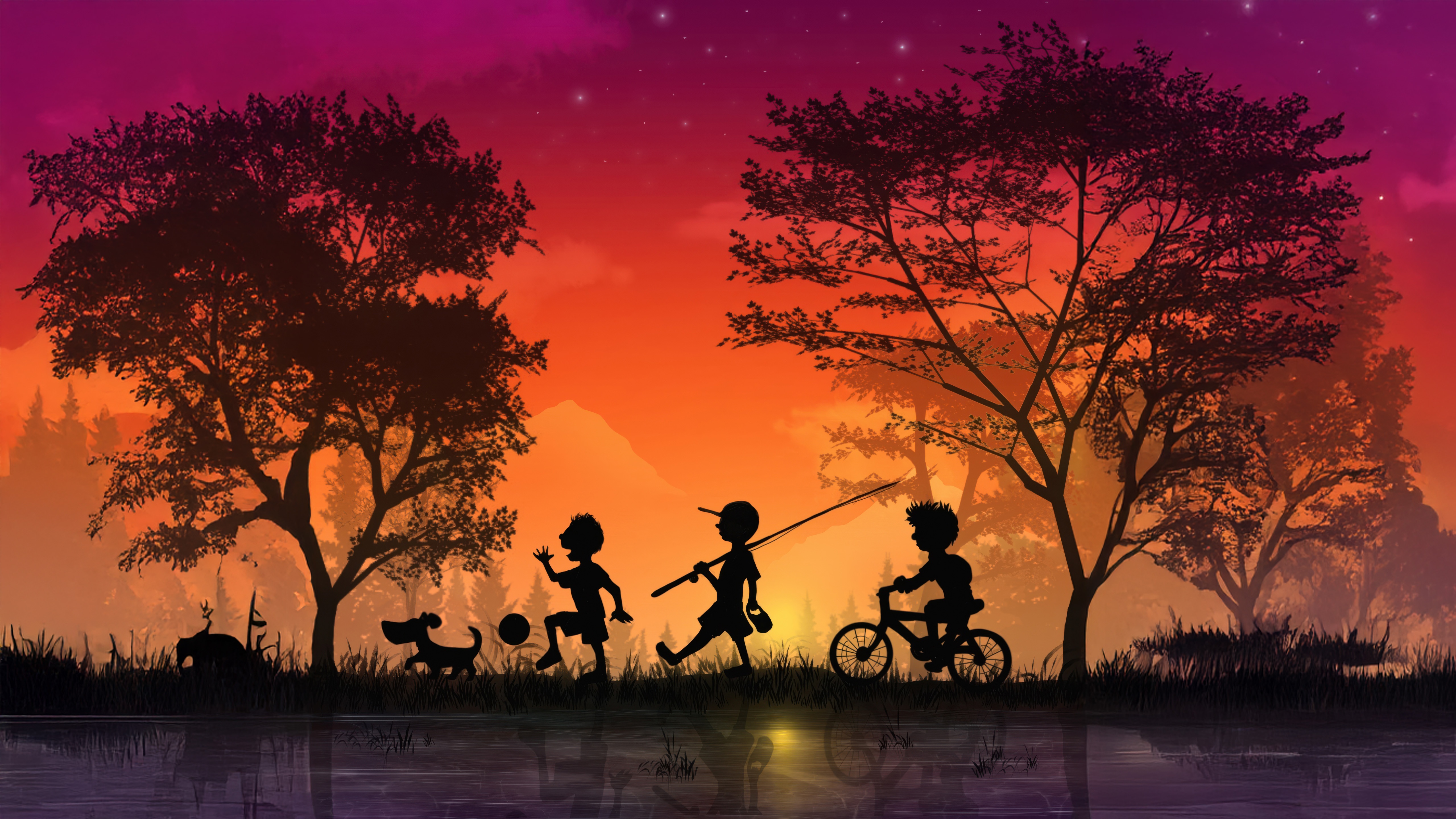 Children playing with a dog and bike at sunset HD Wallpaper