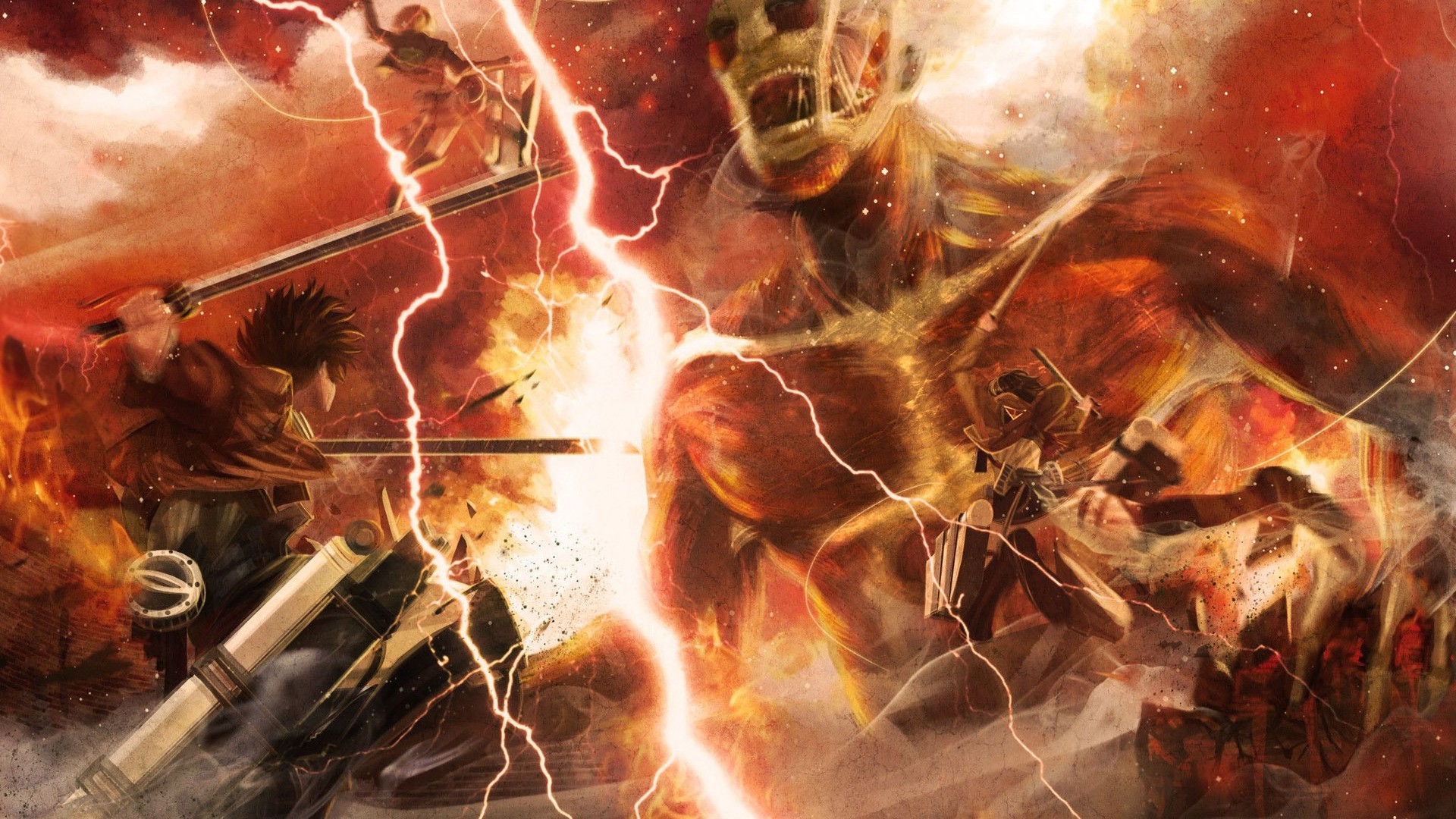 Attack on Titan: Colossal Titan battle with Eren, Mikasa, and Armin HD Wallpaper