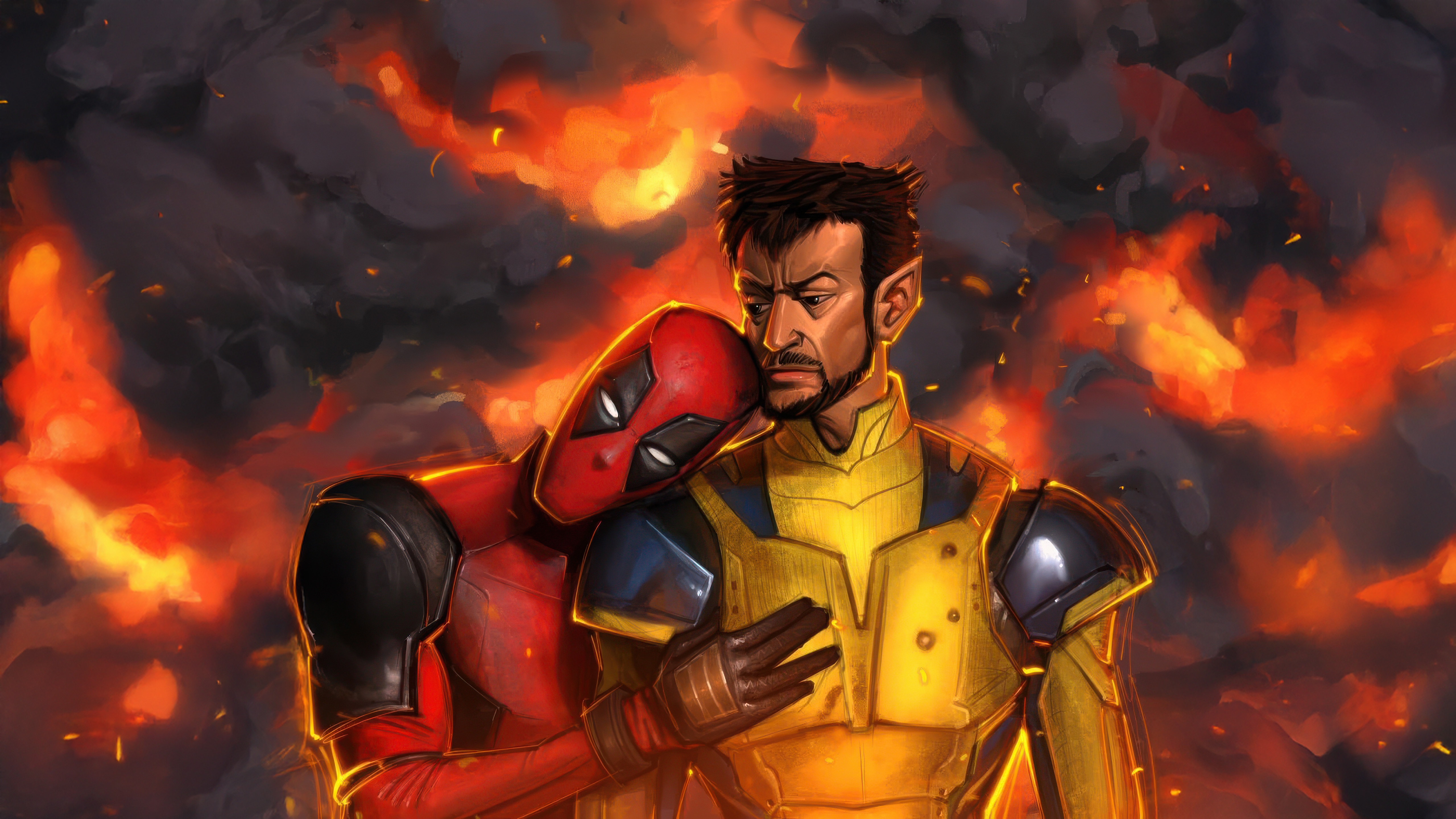 Deadpool and Wolverine in front of fire HD Wallpaper