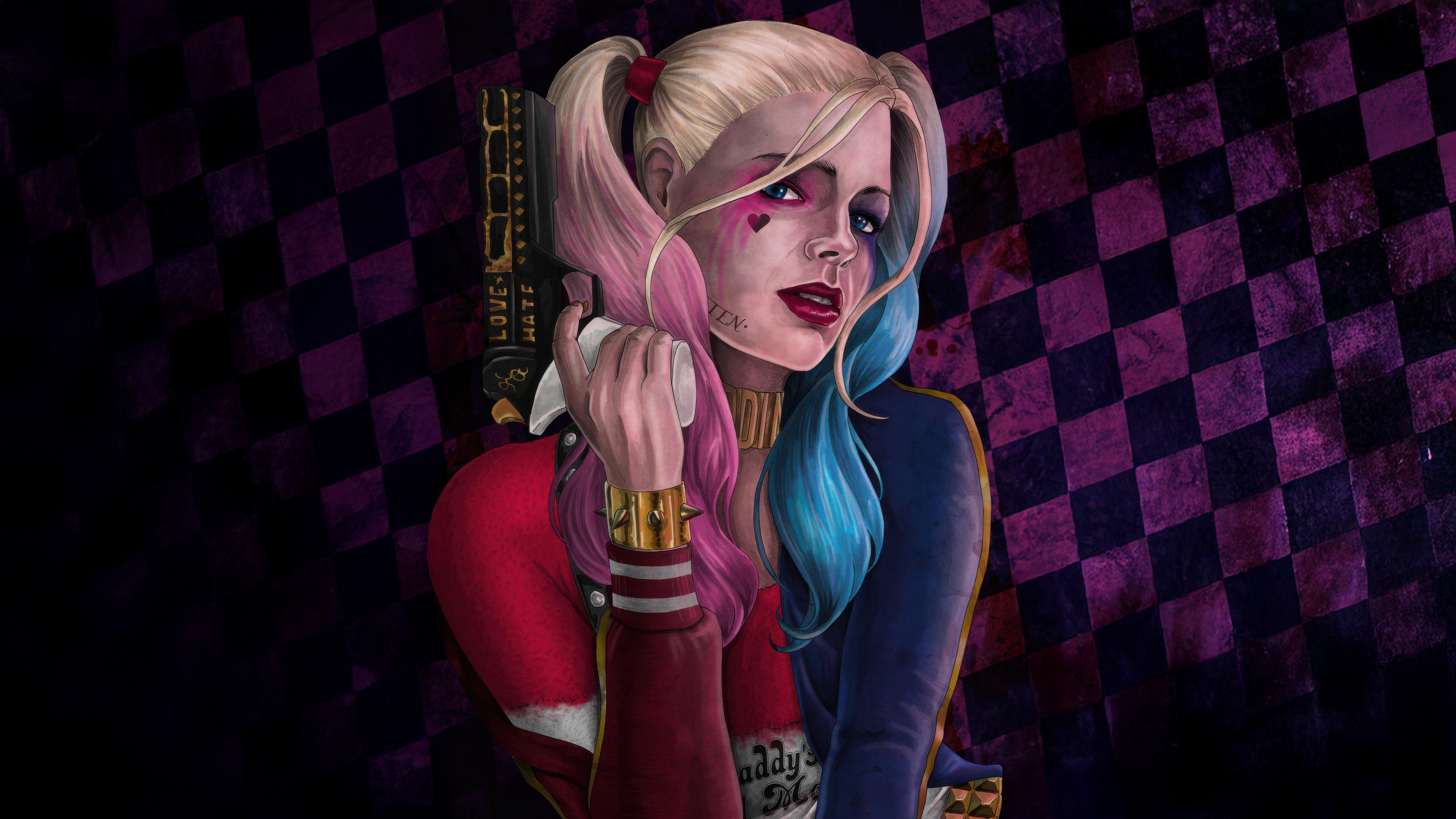 Harley Quinn holding a gun with "Love Hate" inscribed HD Wallpaper