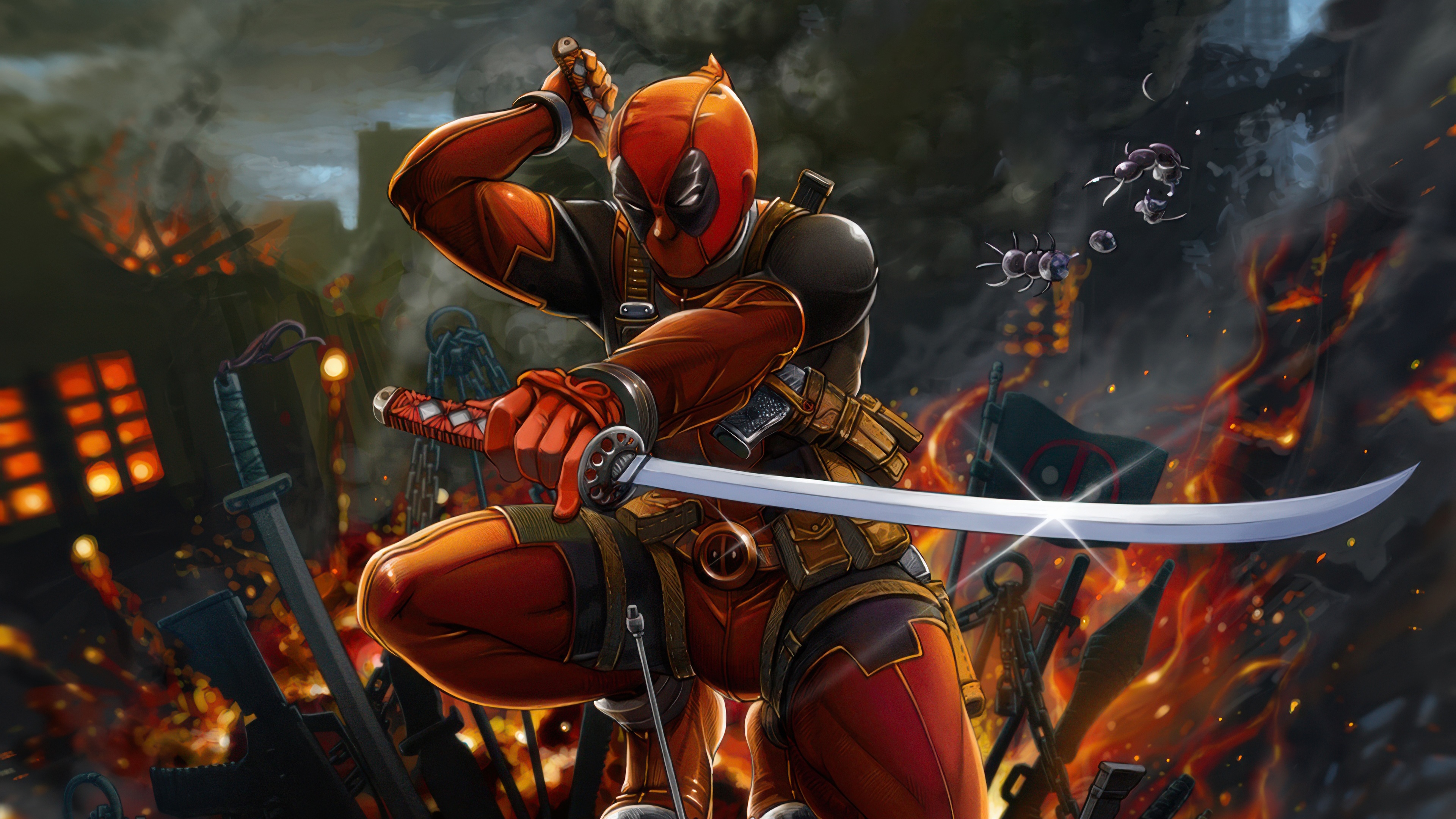 Deadpool in a battle with swords HD Wallpaper