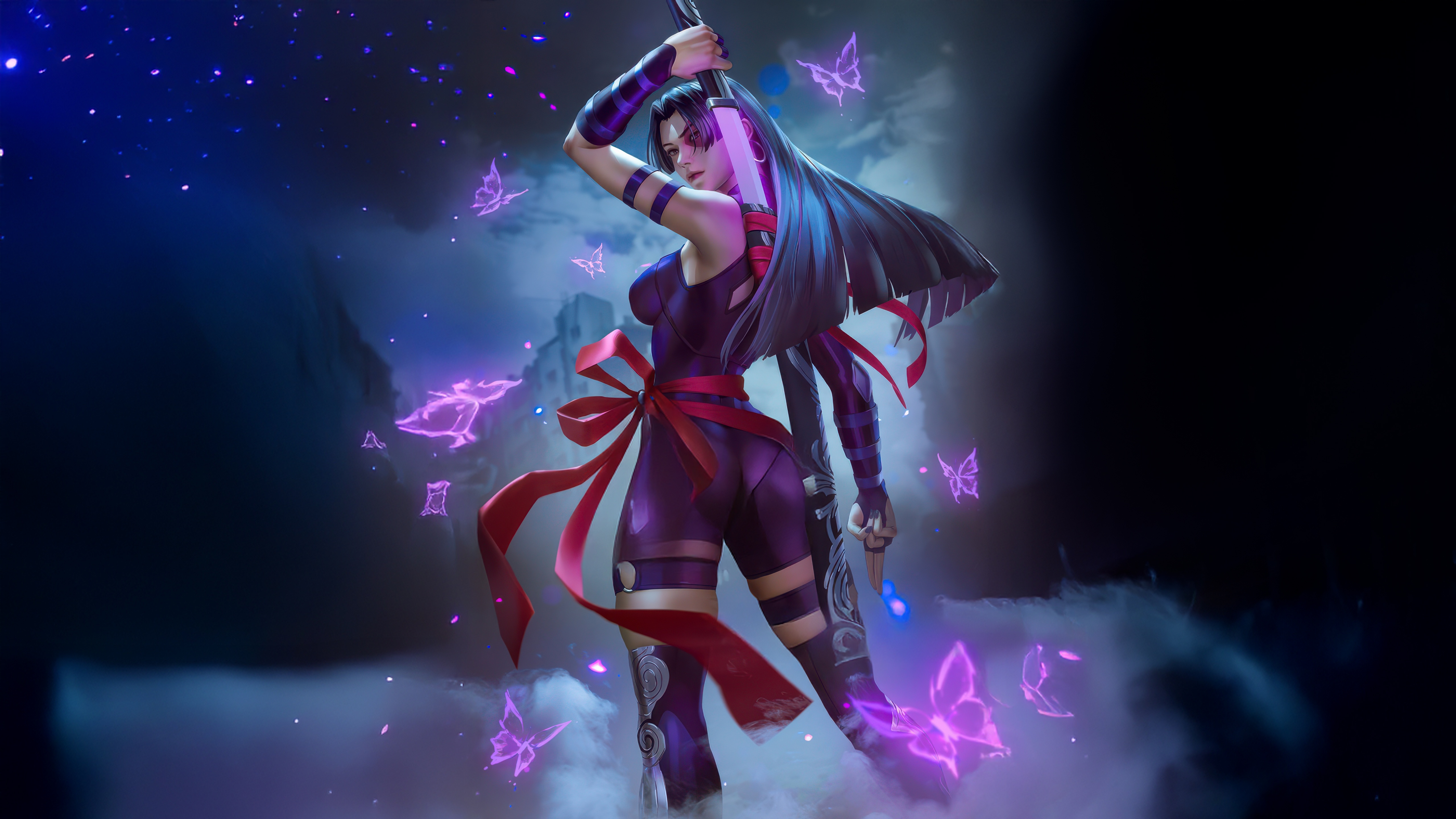 Psylocke with purple butterflies HD Wallpaper
