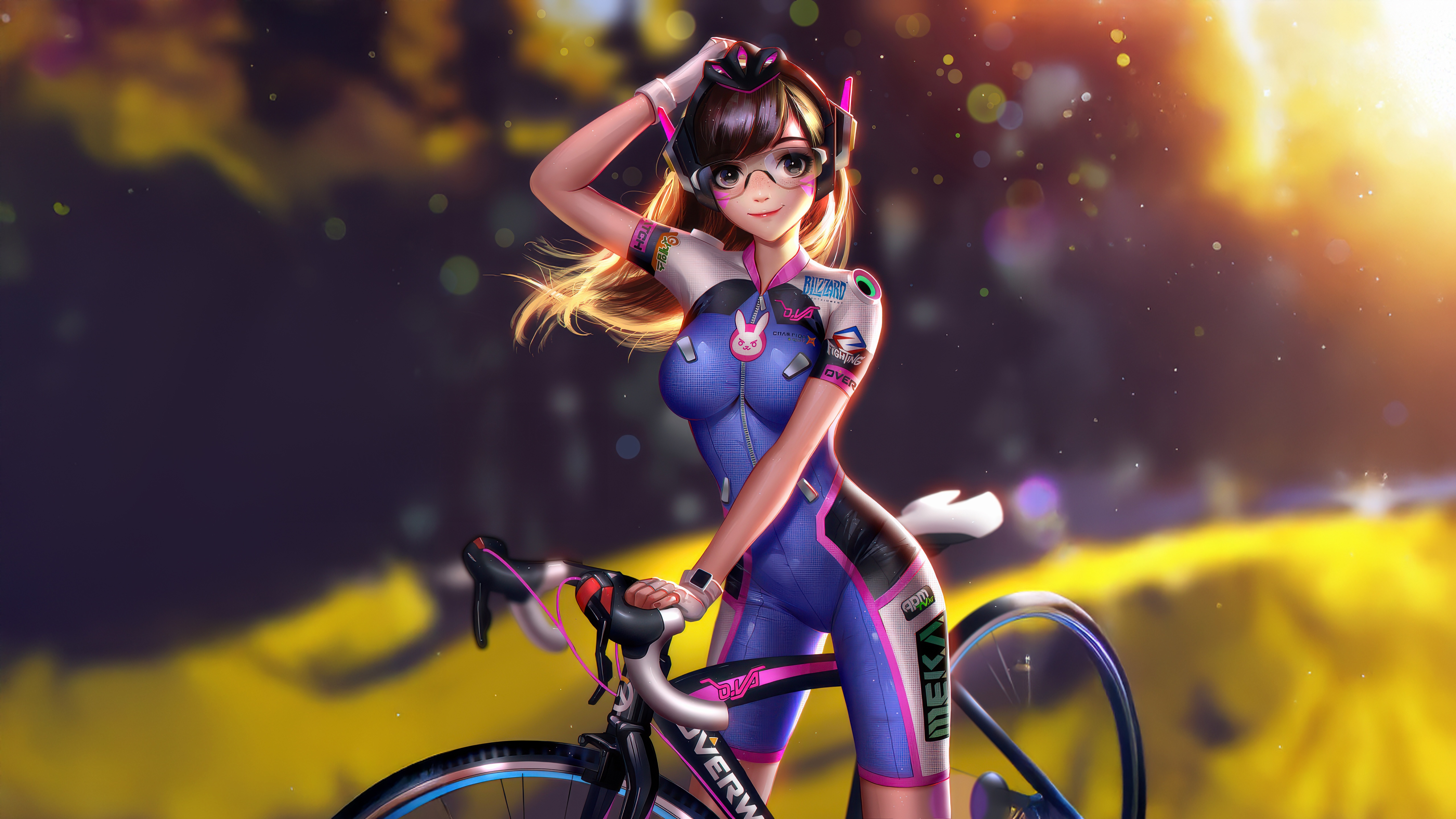 D.Va in a racing suit with a bicycle HD Wallpaper