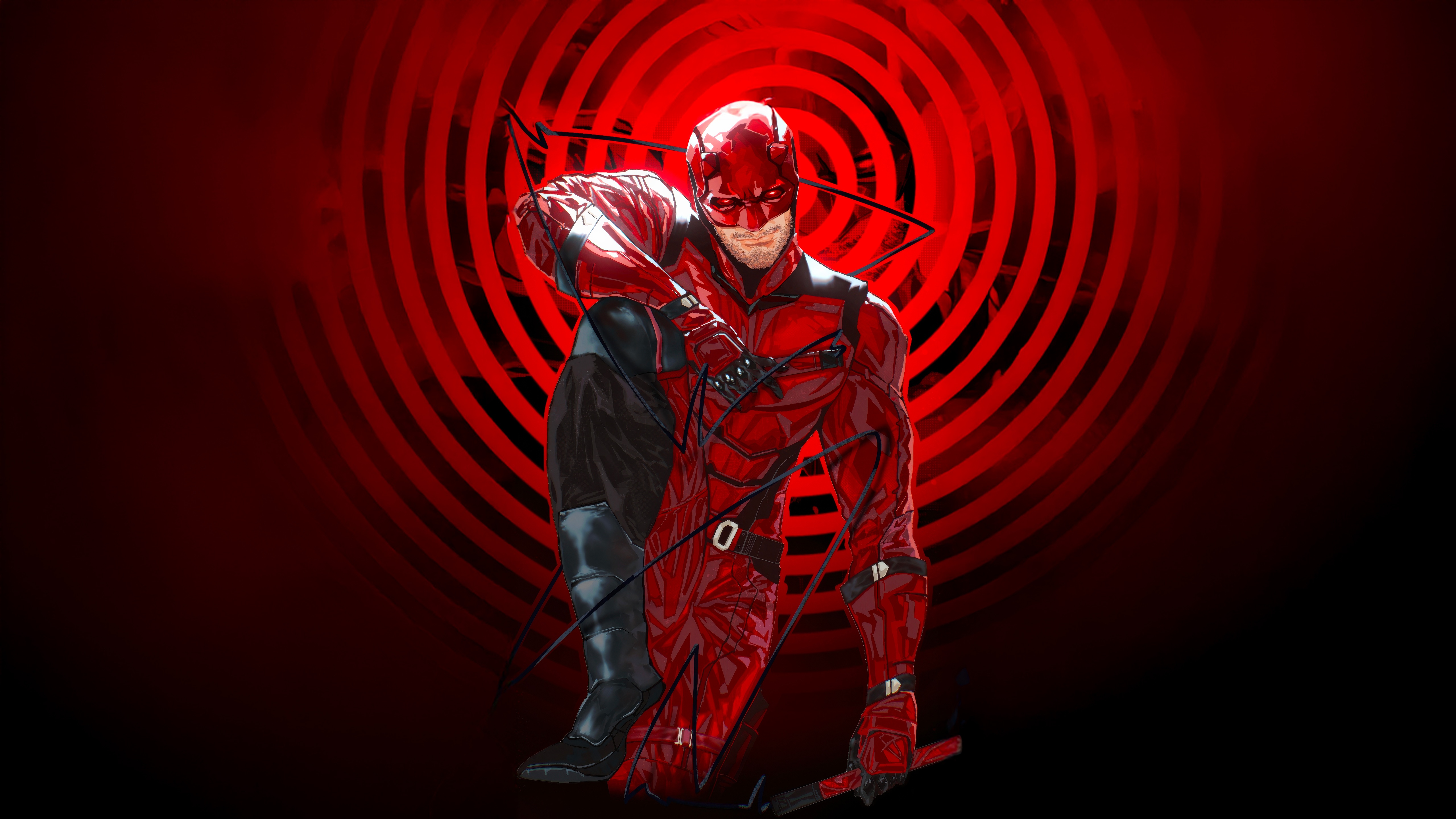 Daredevil in Red Suit with Red Circles Background HD Wallpaper