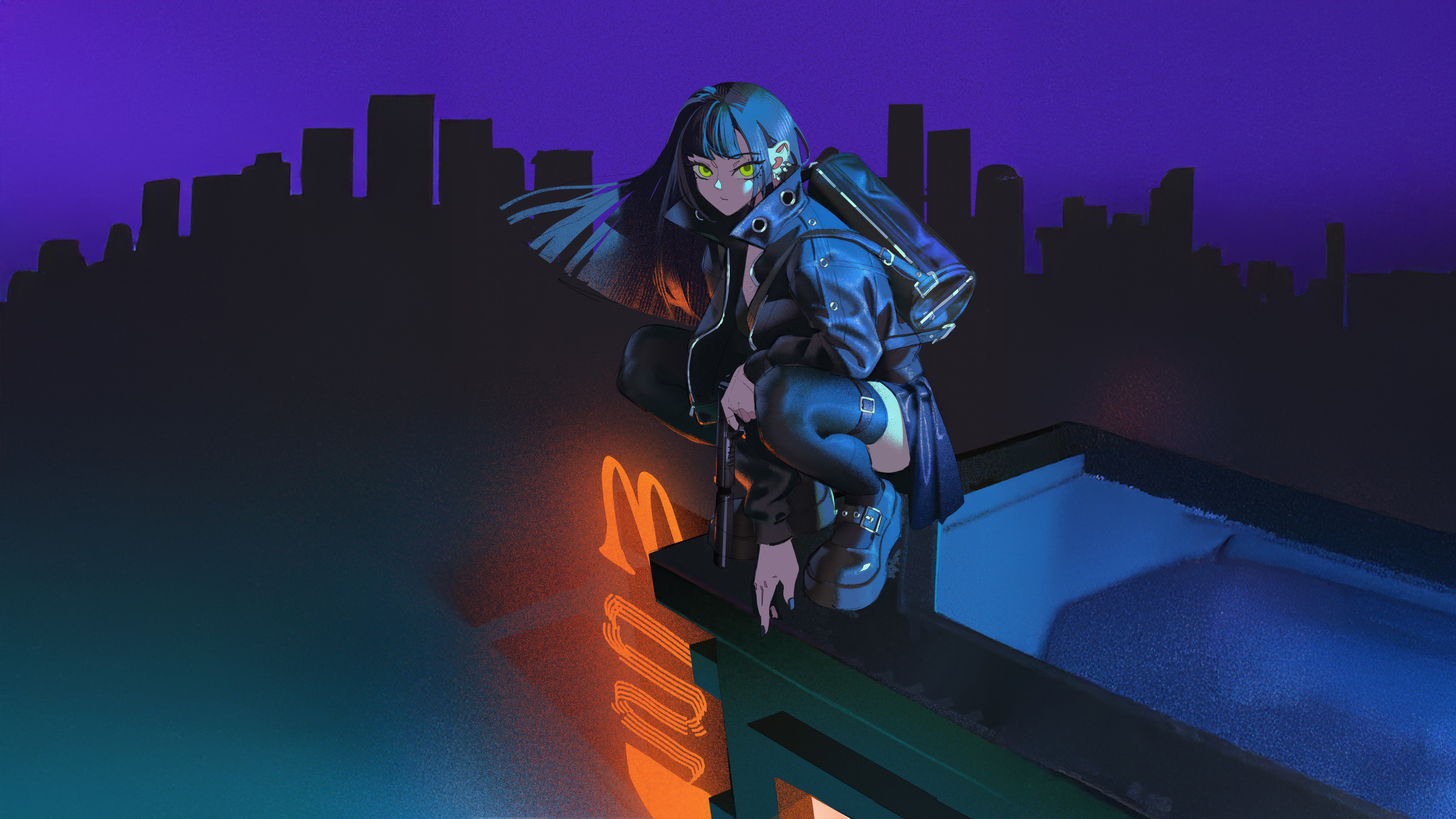 Cyberpunk Girl on Rooftop Overlooking City HD Wallpaper