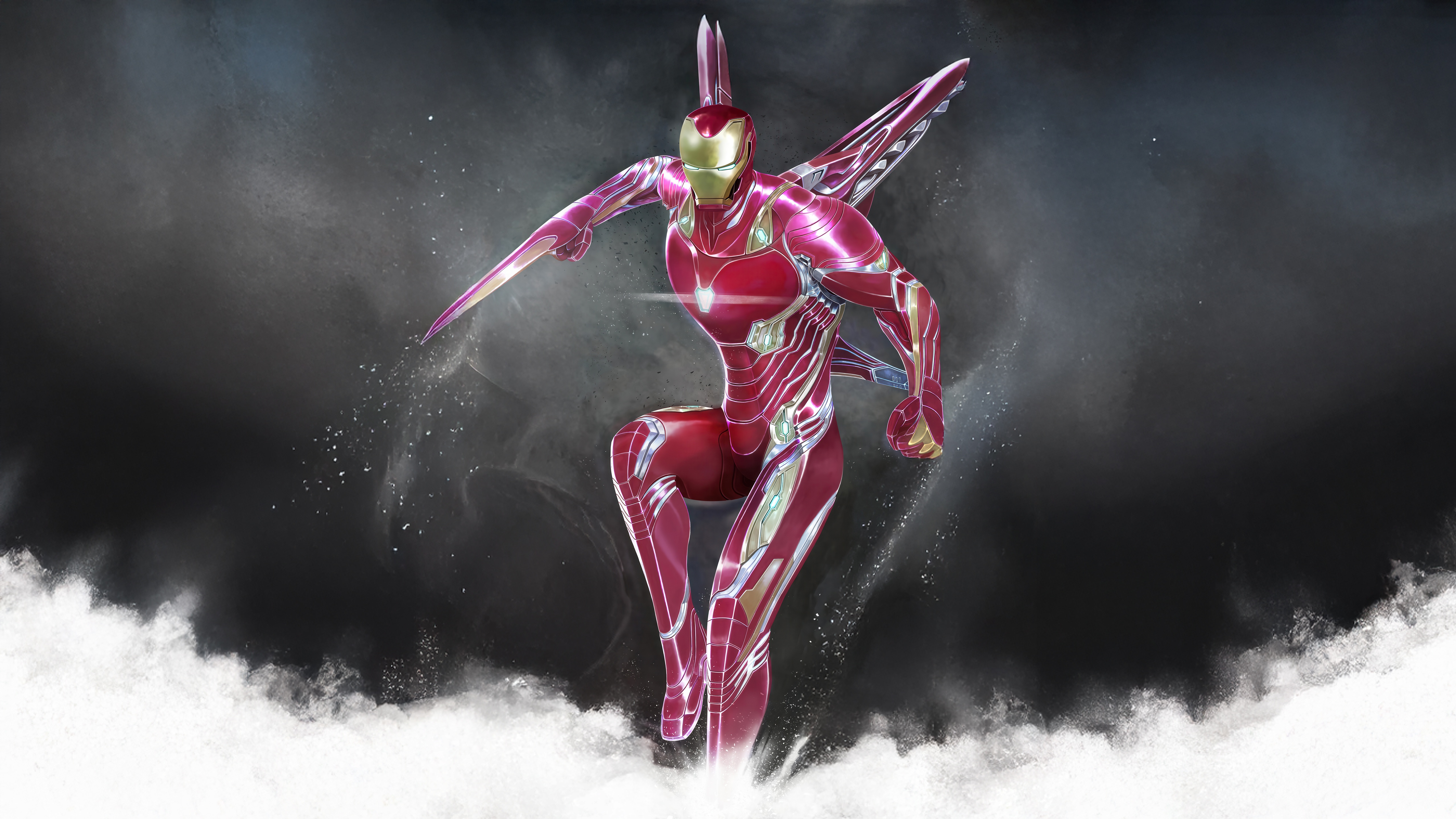 Iron Man in battle-ready pose with wings HD Wallpaper