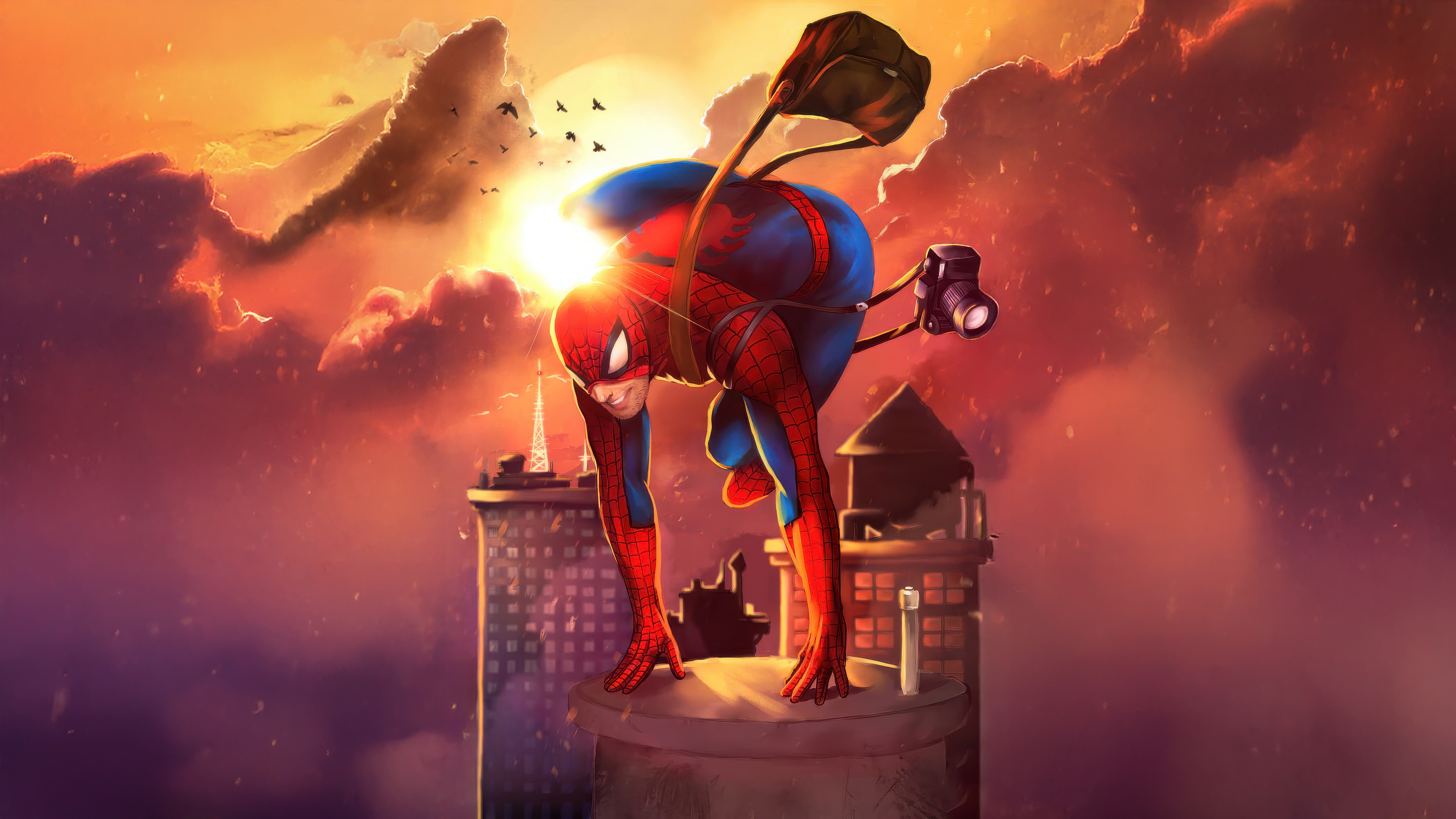 Spider-Man on a rooftop at sunset HD Wallpaper