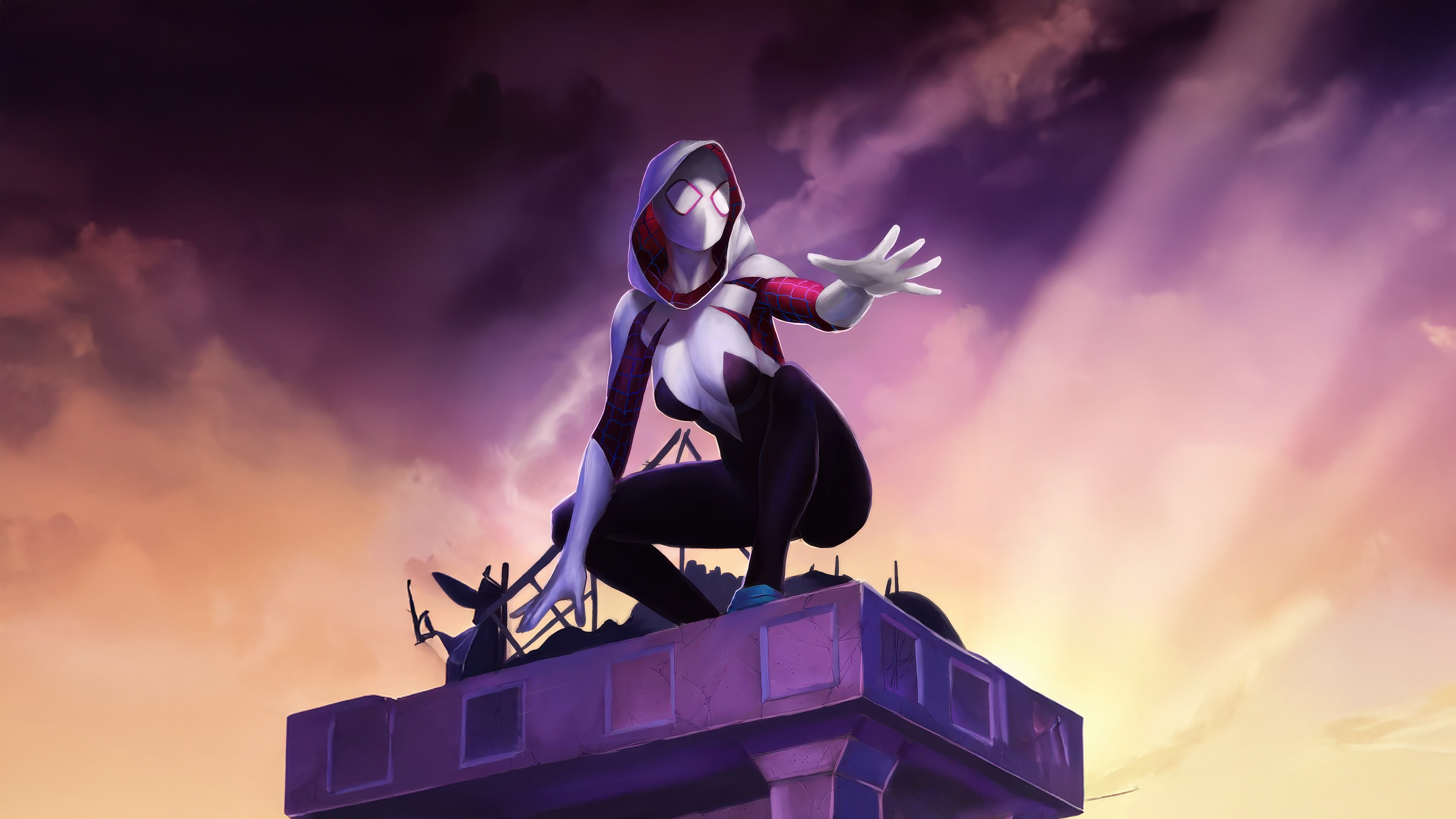 Gwen Stacy in a superhero costume on a rooftop HD Wallpaper
