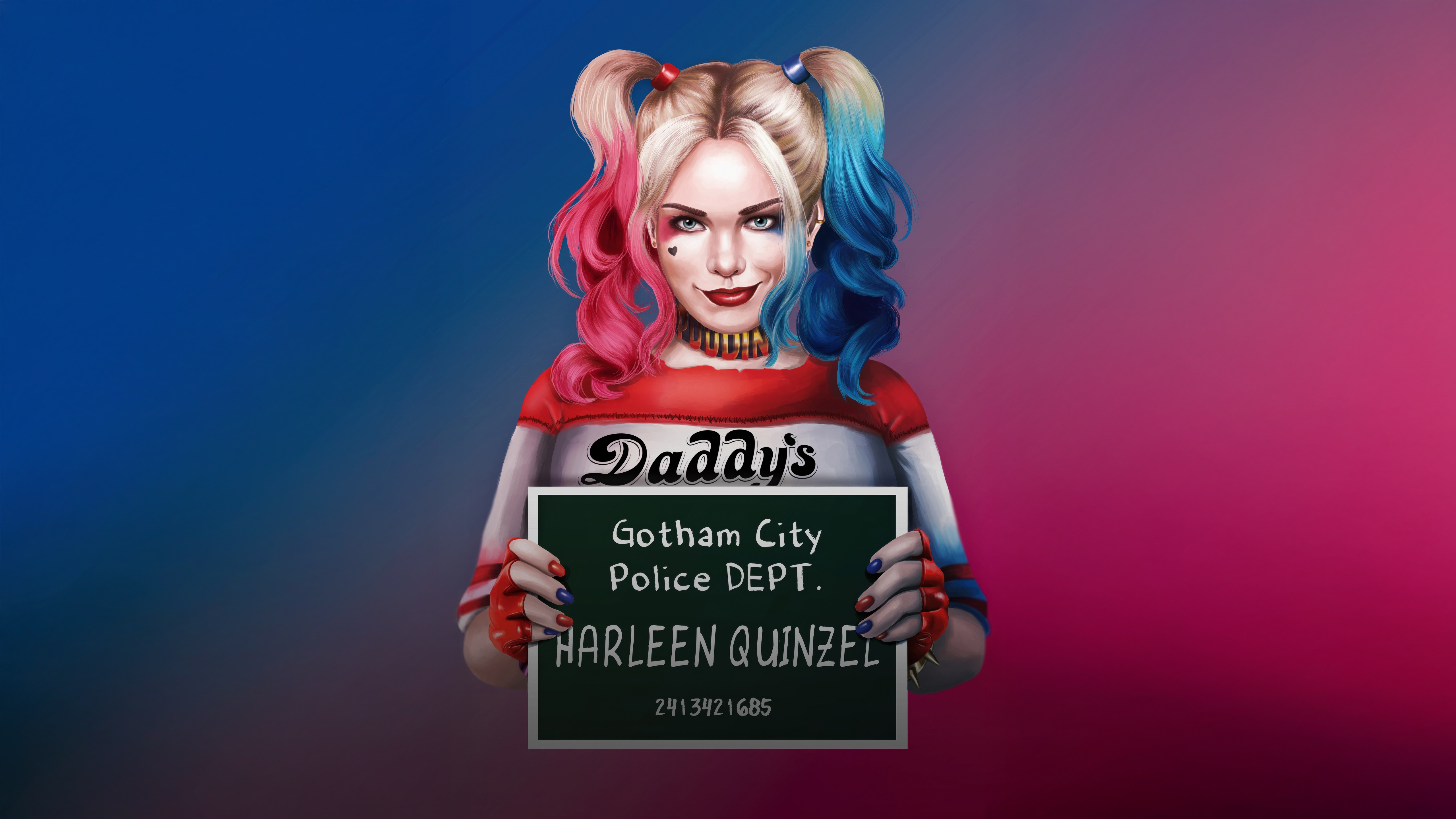 Harley Quinn Mugshot "Daddy's" Gotham City Police HD Wallpaper
