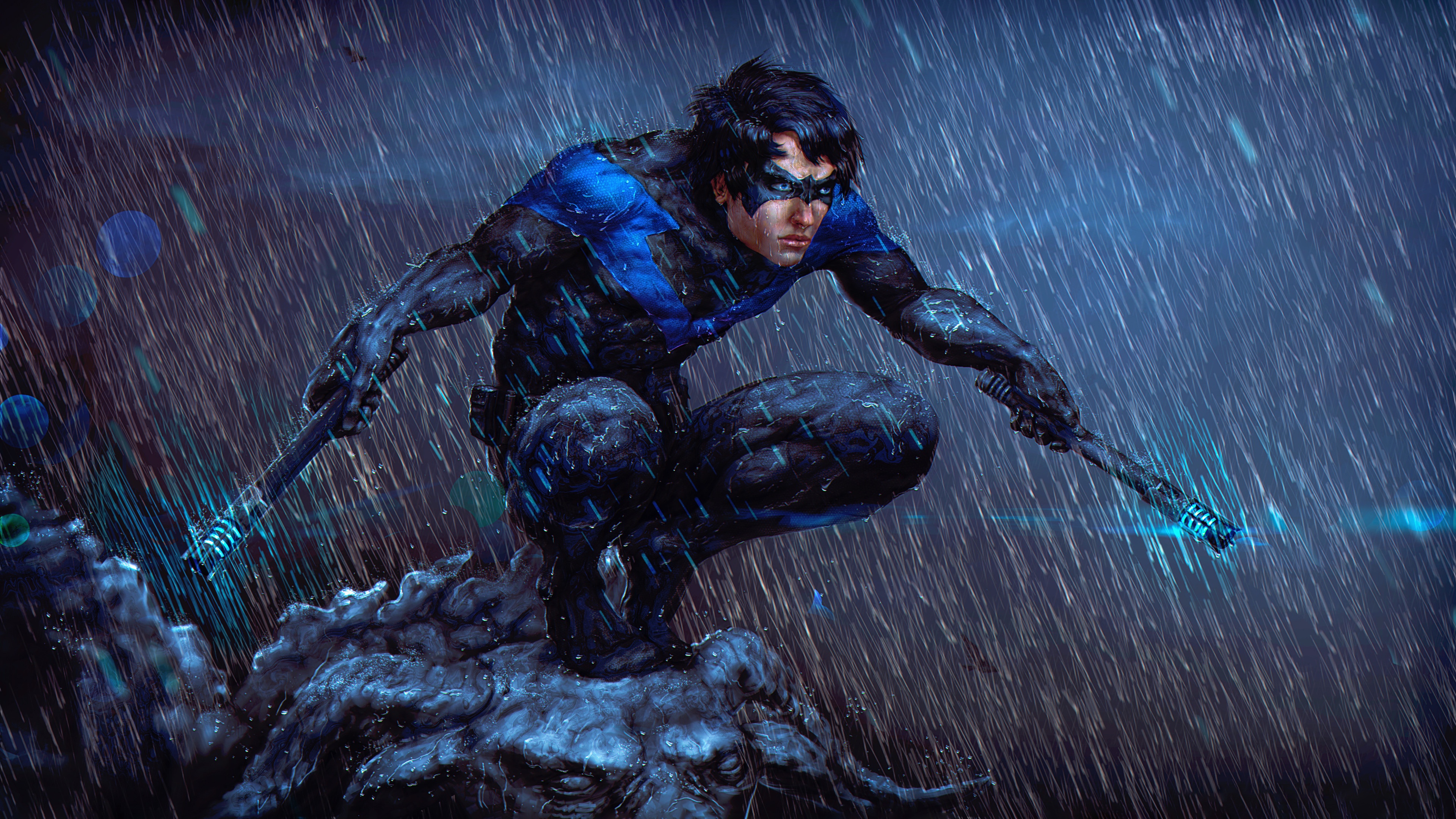 Nightwing crouches in the rain with escrima sticks HD Wallpaper