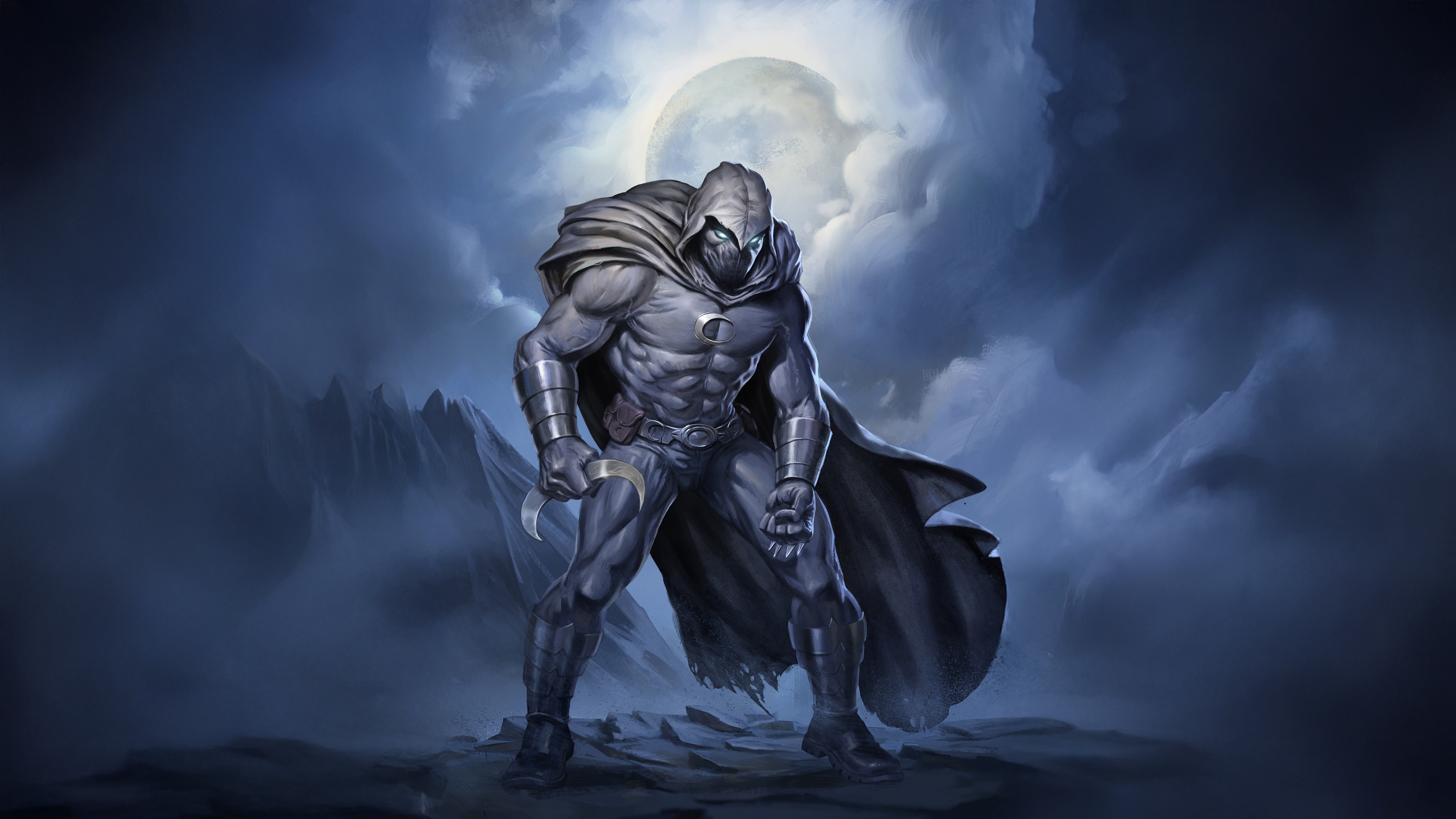 Moon Knight standing in front of a full moon HD Wallpaper