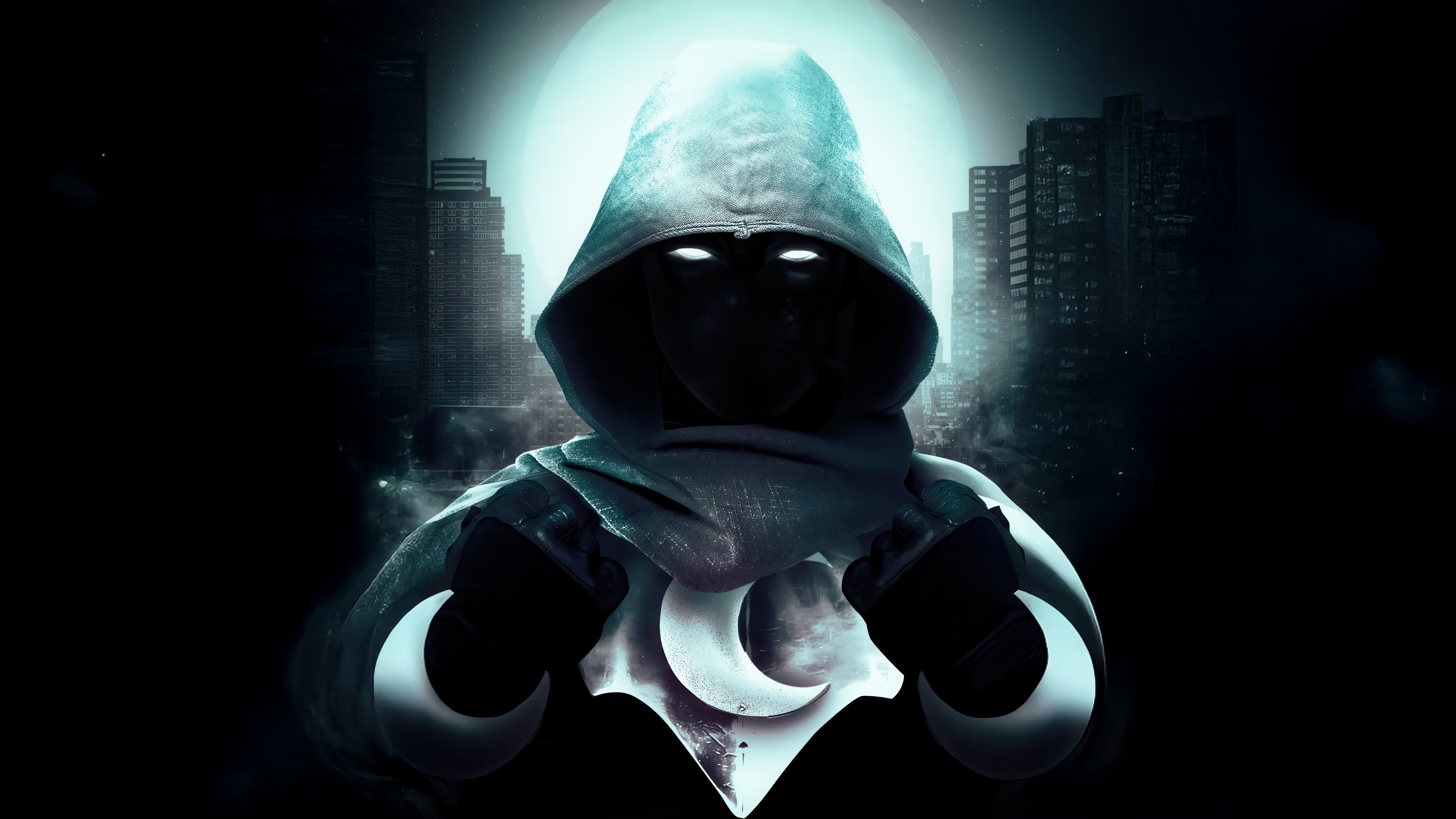 Moon Knight in front of a city skyline HD Wallpaper
