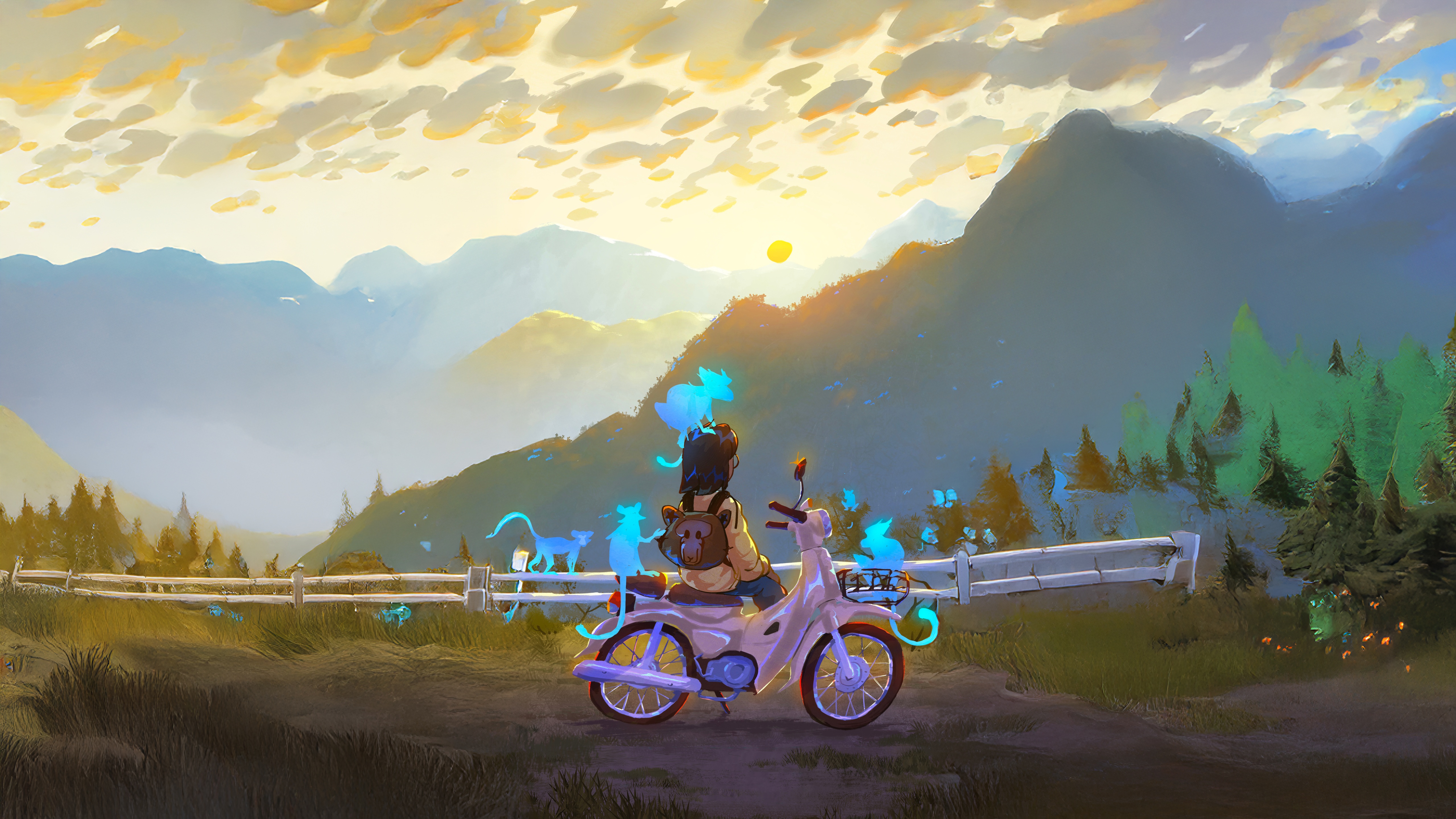 Girl on a scooter with glowing cats in mountains HD Wallpaper