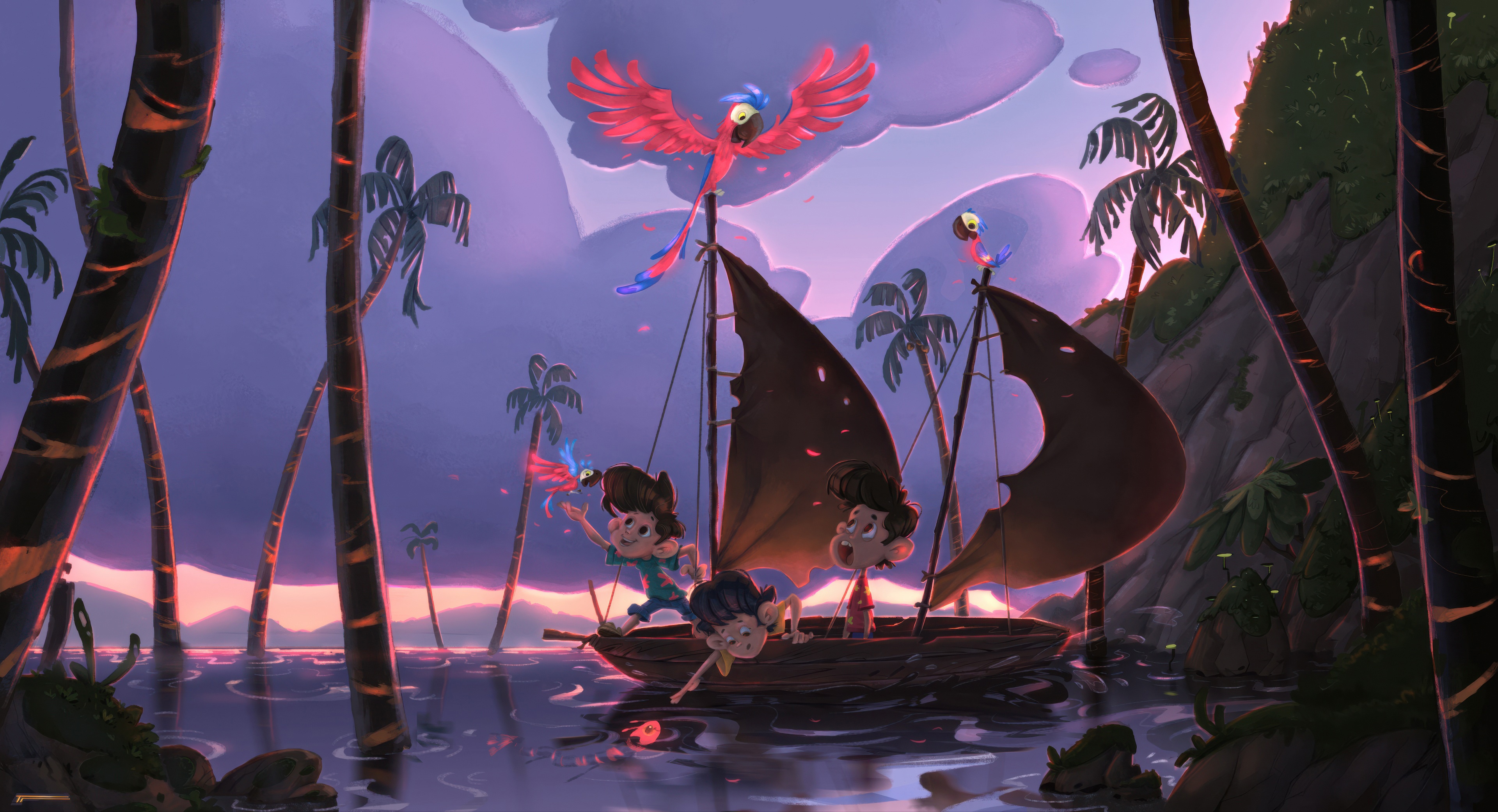 Children sailing with parrots at sunset HD Wallpaper