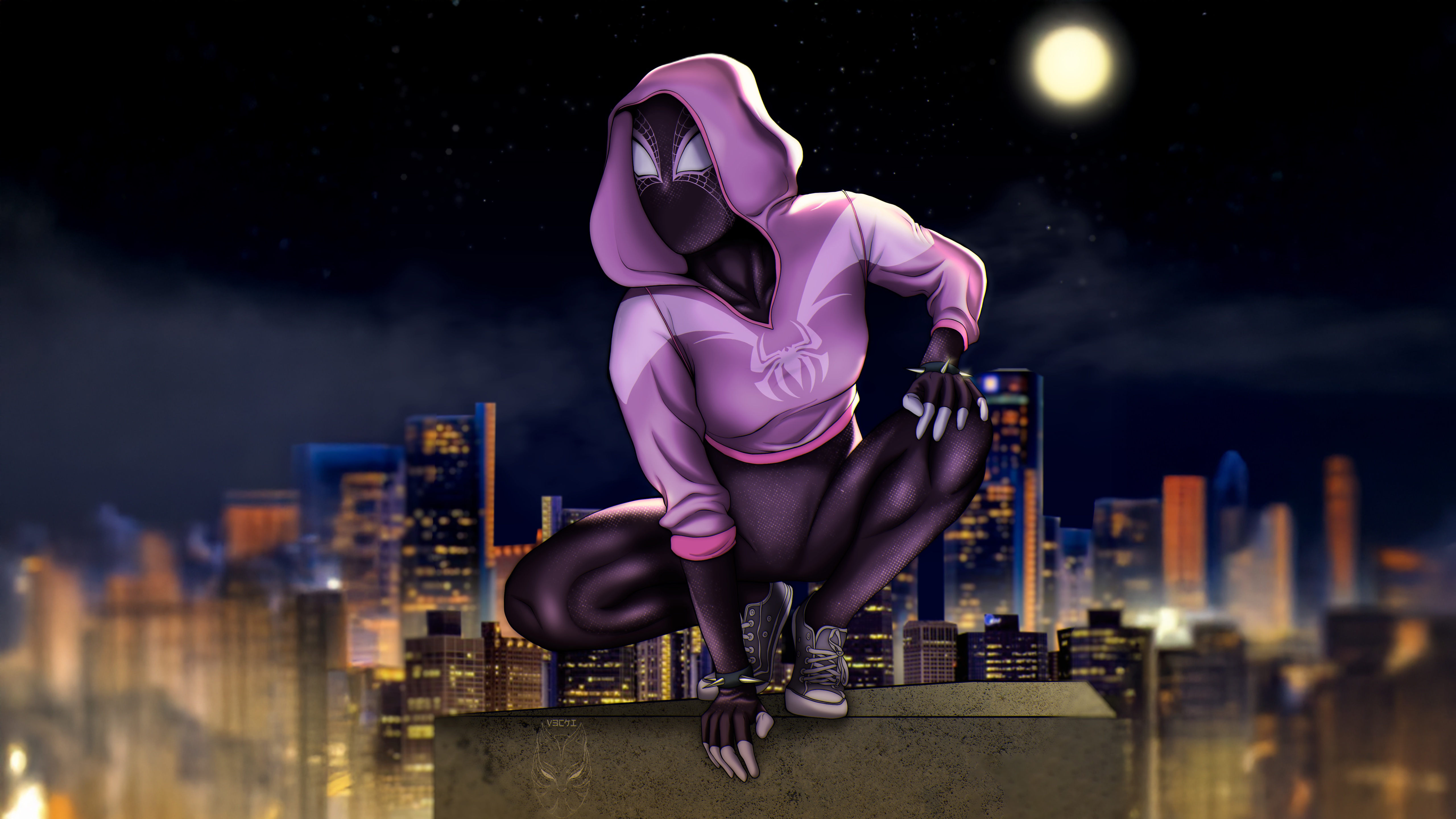 Spider-Woman in a pink hoodie crouches on a rooftop at night HD Wallpaper
