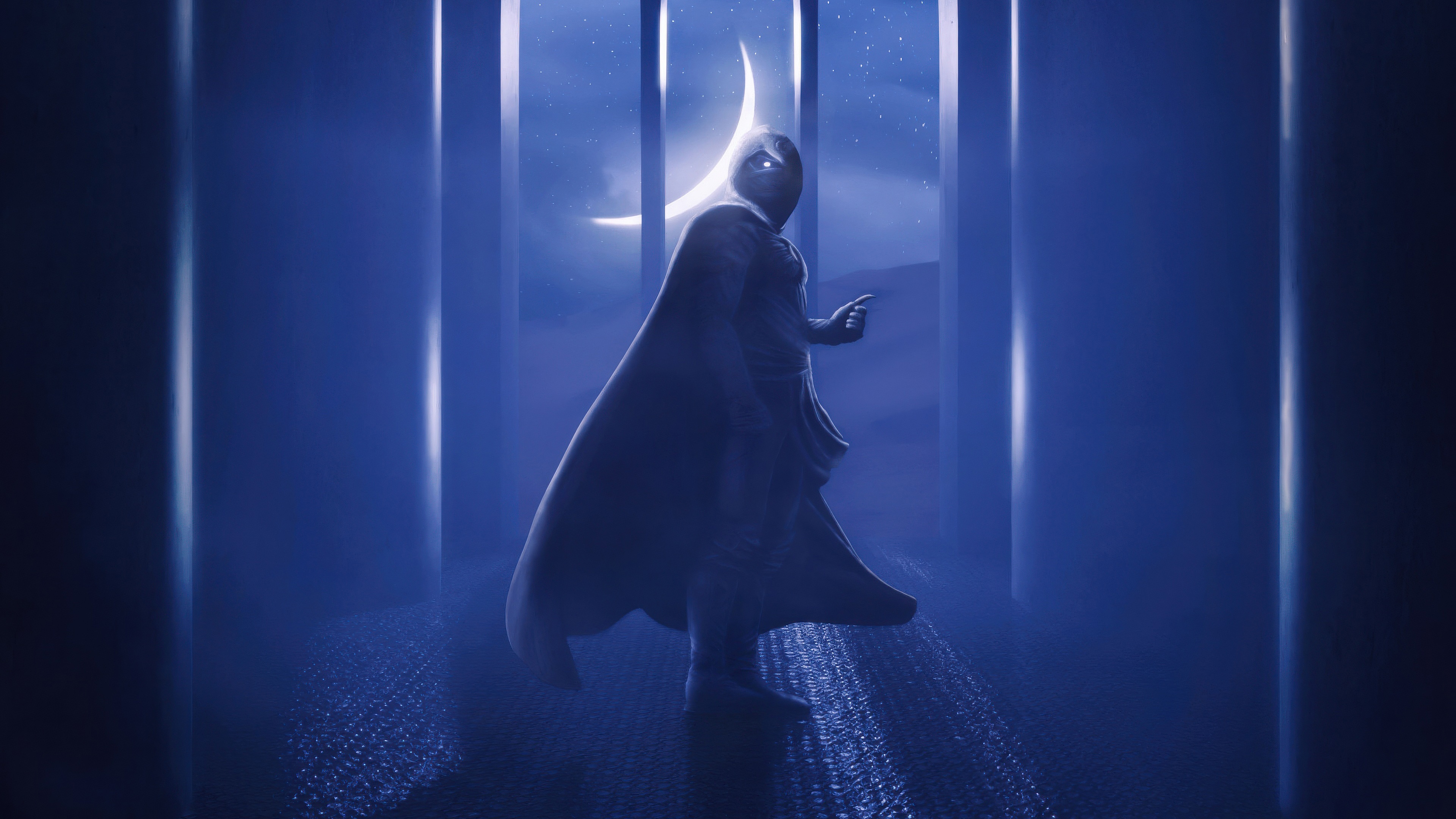 Moon Knight stands in a blue, moonlit hallway HD Wallpaper
