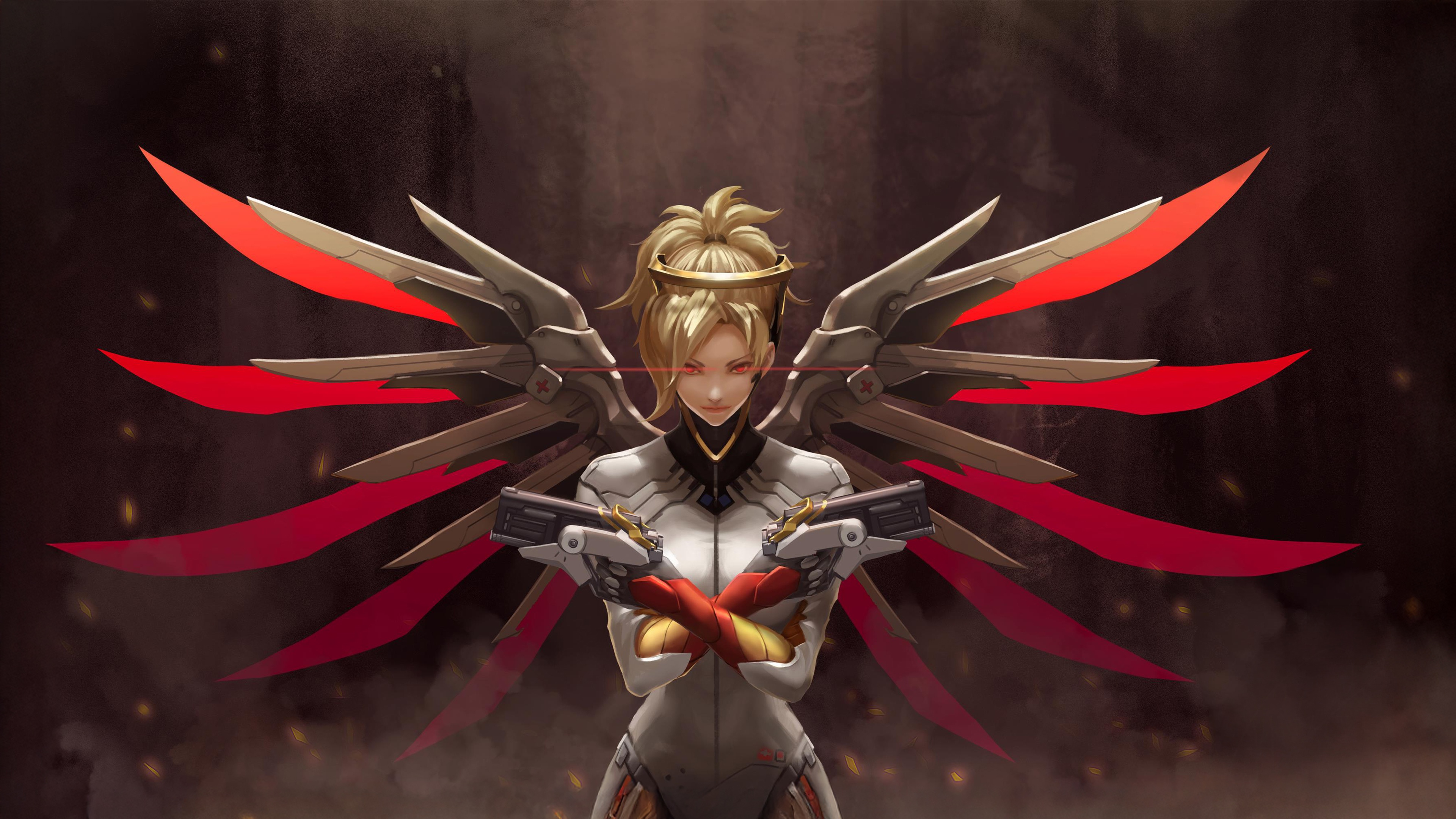 Mercy from Overwatch with Wings and Guns HD Wallpaper