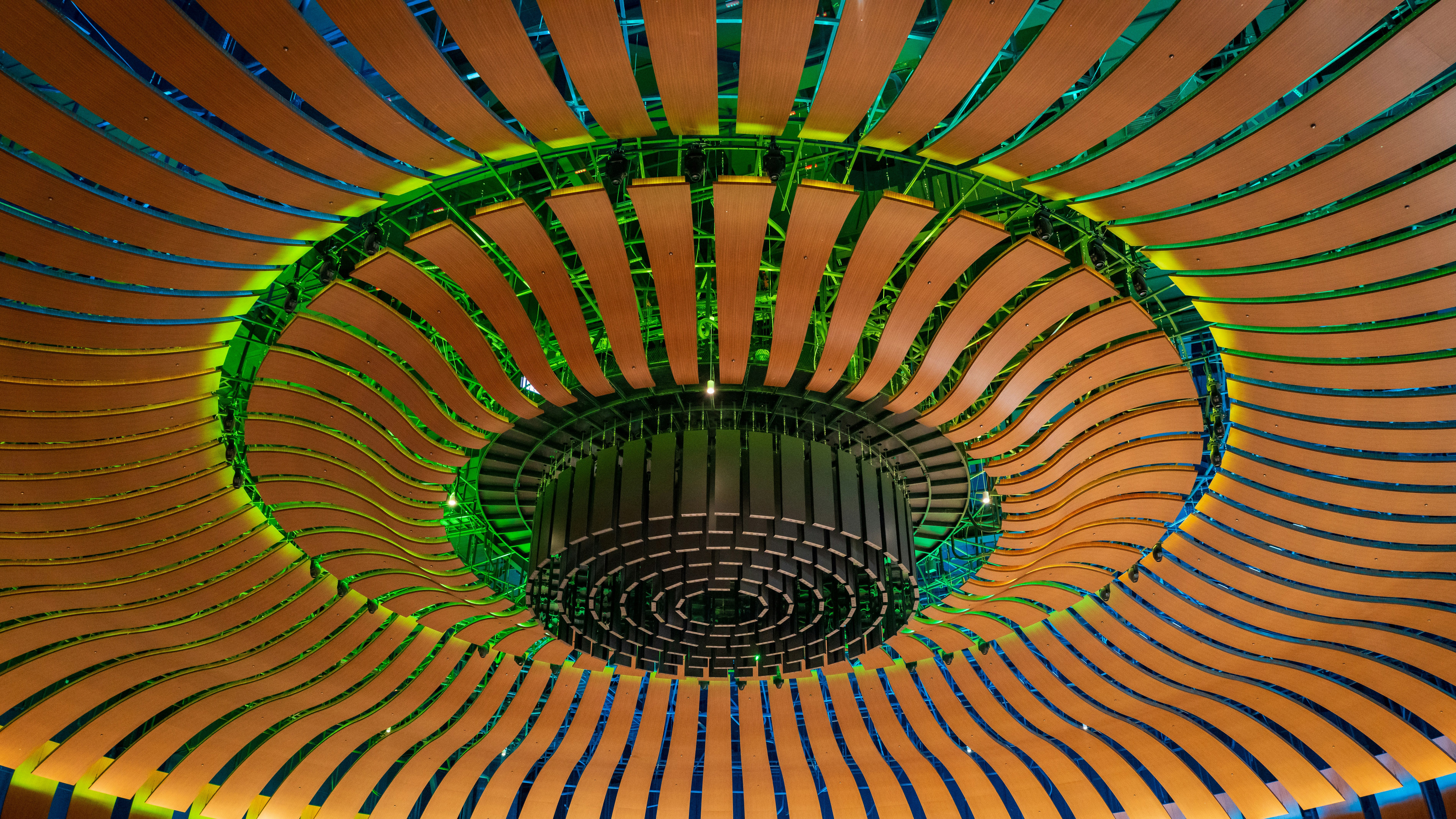 Wooden slats with green glow on ceiling HD Wallpaper