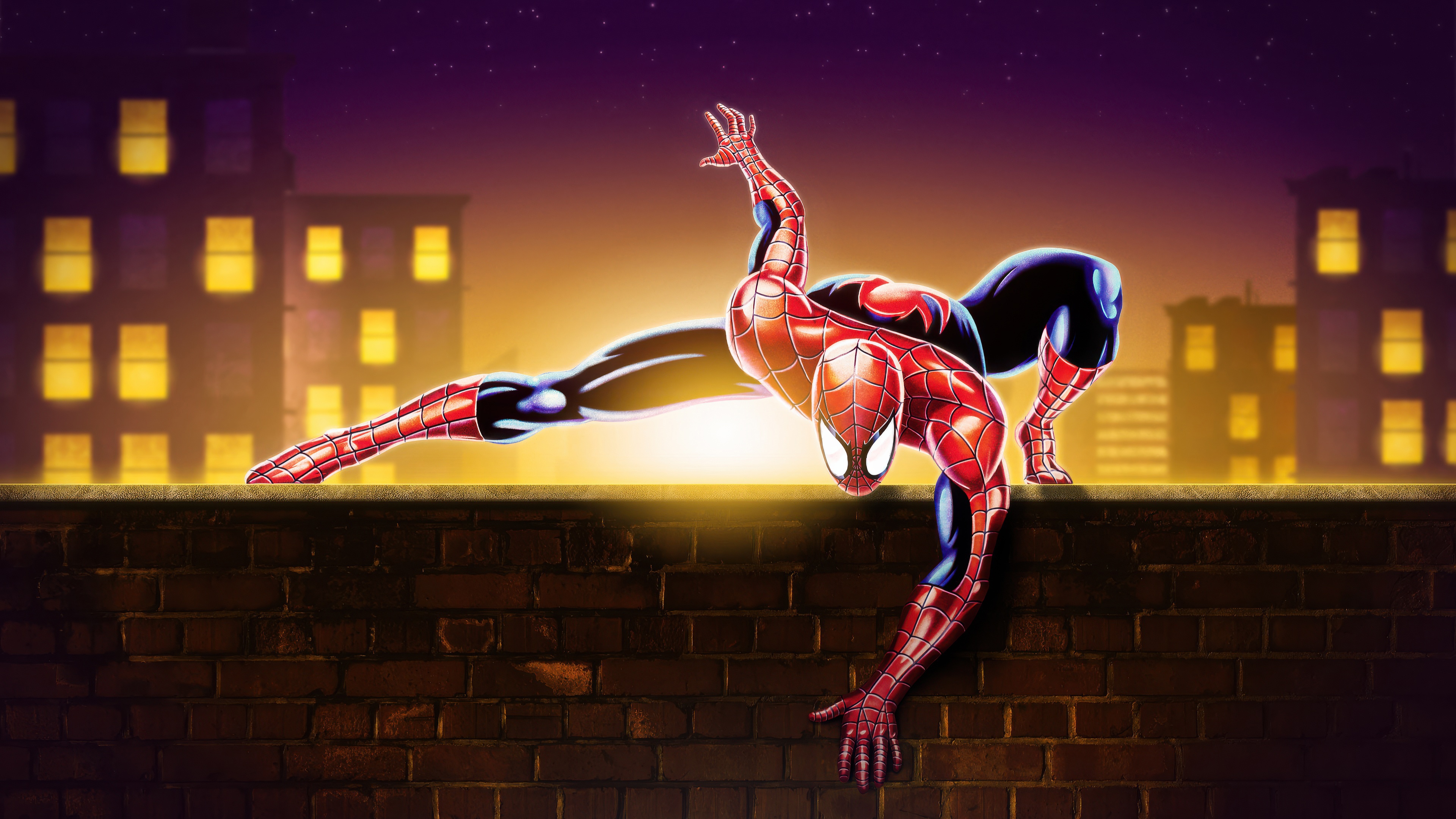 Spider-Man perched on a brick wall at night HD Wallpaper