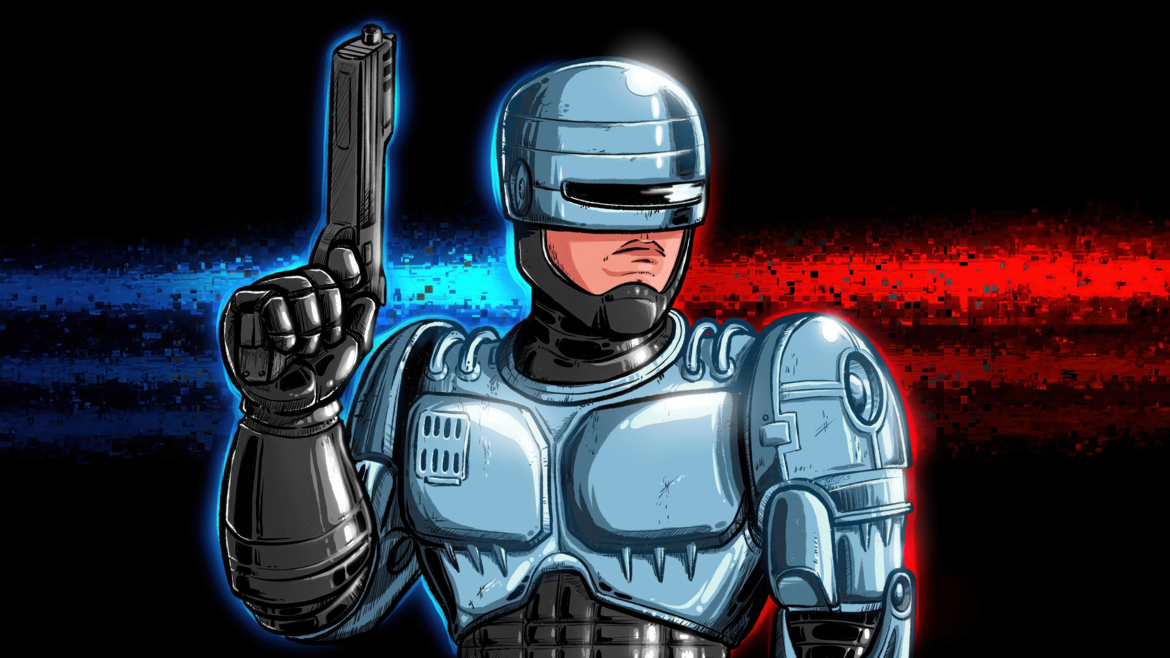 Robocop holding a gun with blue and red streaks in the background HD Wallpaper