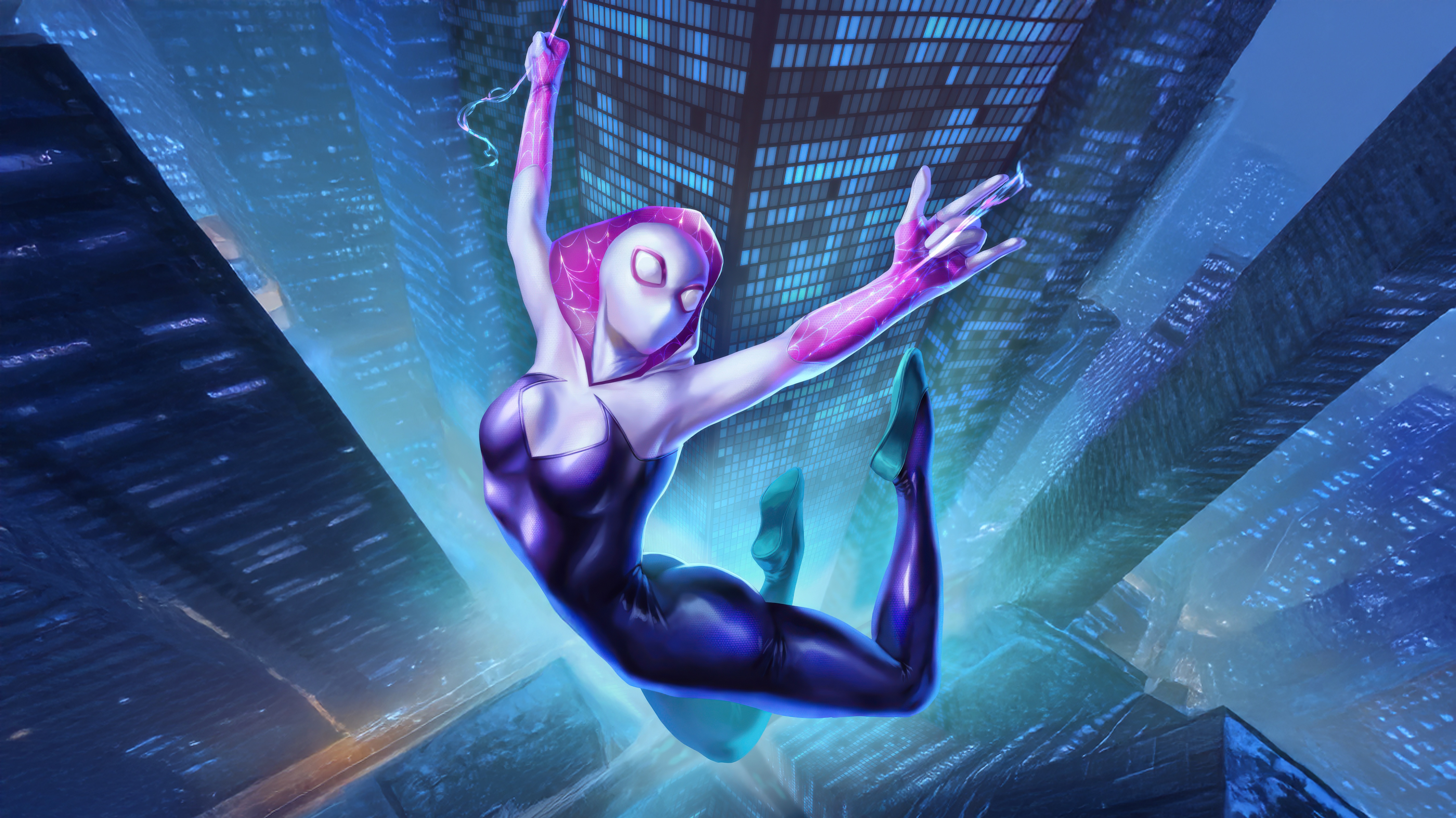 Gwen Stacy Swinging Through a Cityscape HD Wallpaper