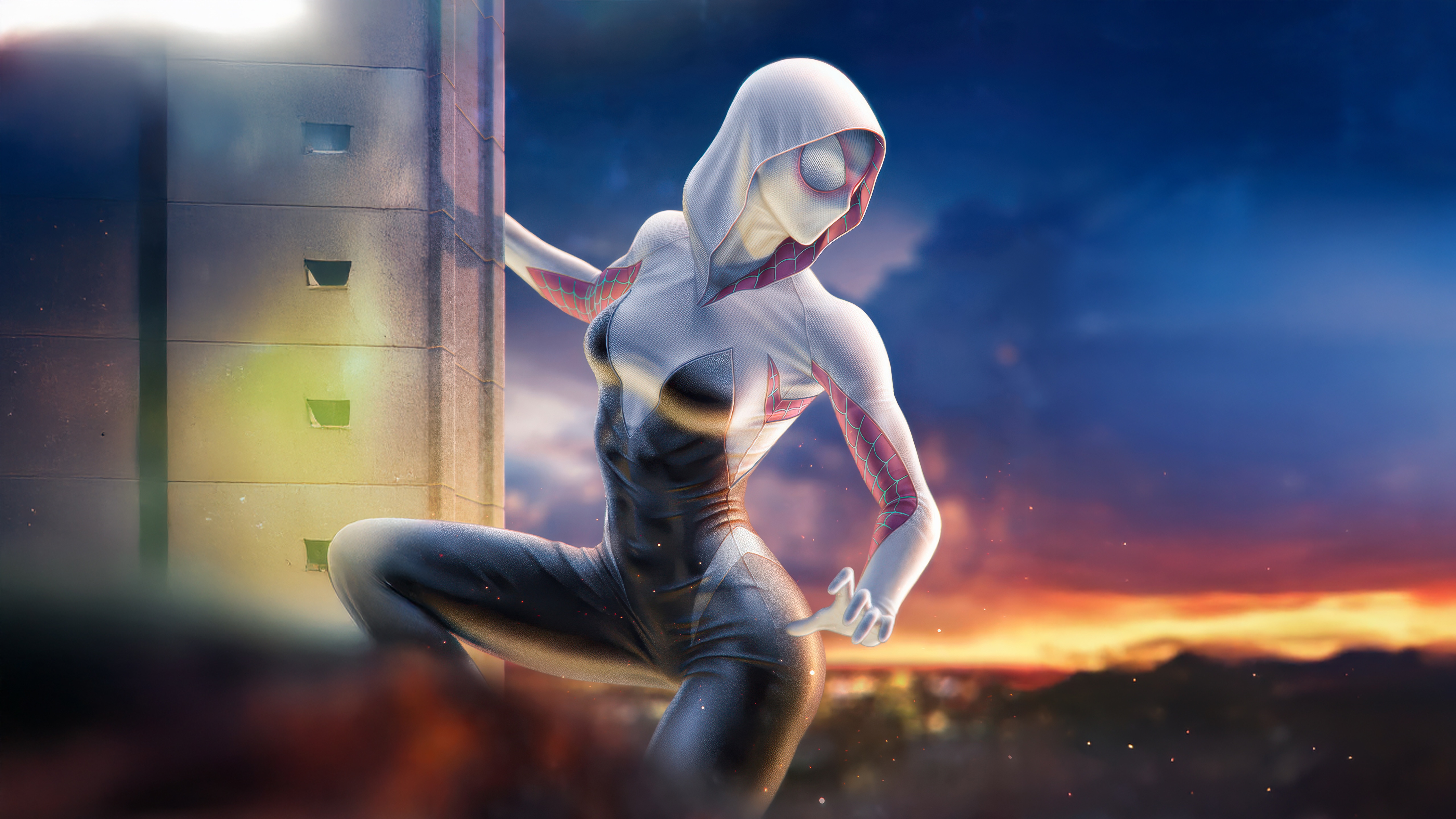 Spider-Gwen on a building at sunset HD Wallpaper