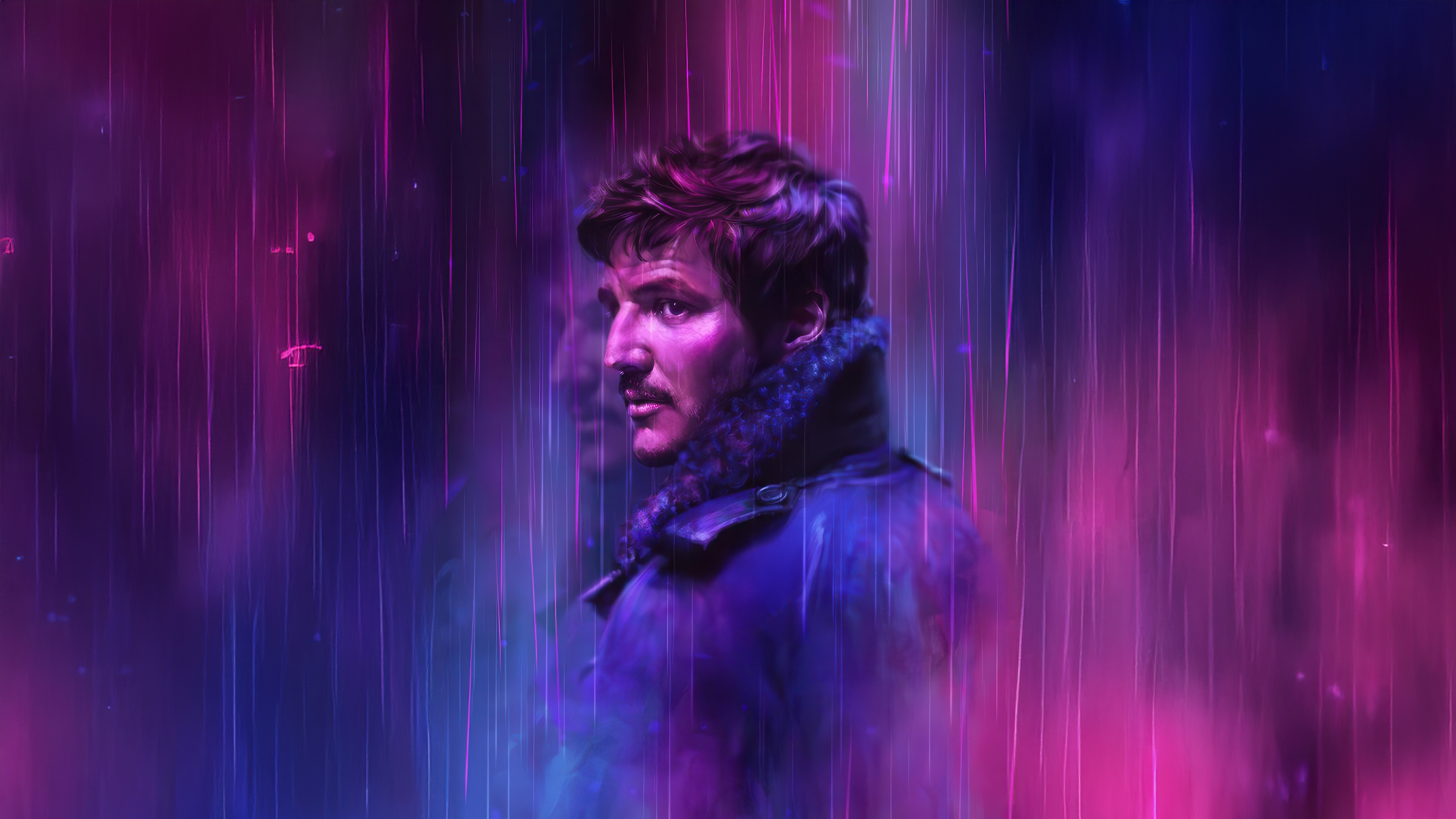 Pedro Pascal in Neon Rain HD Wallpaper