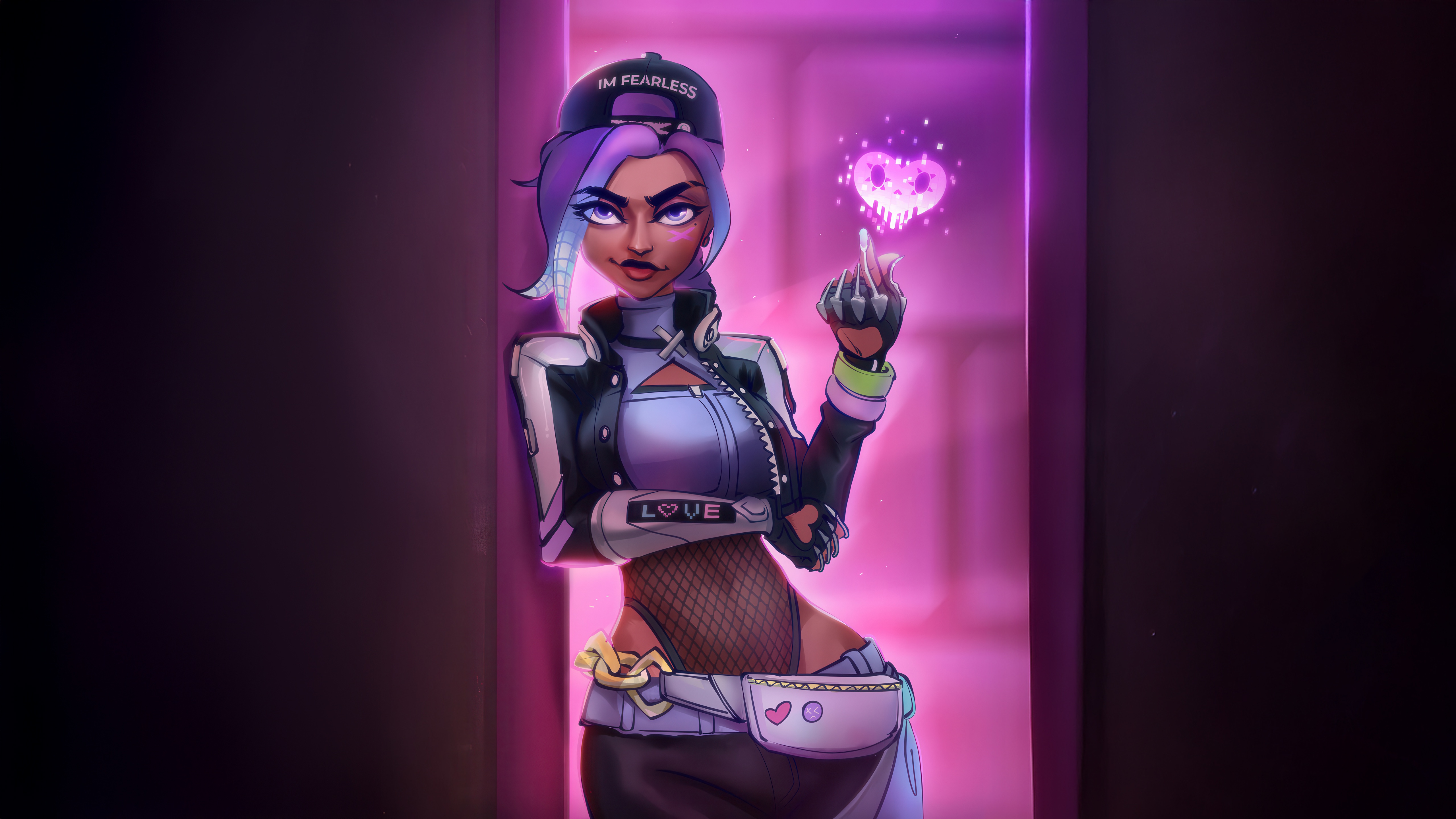 Cyberpunk woman with purple hair and a cap HD Wallpaper