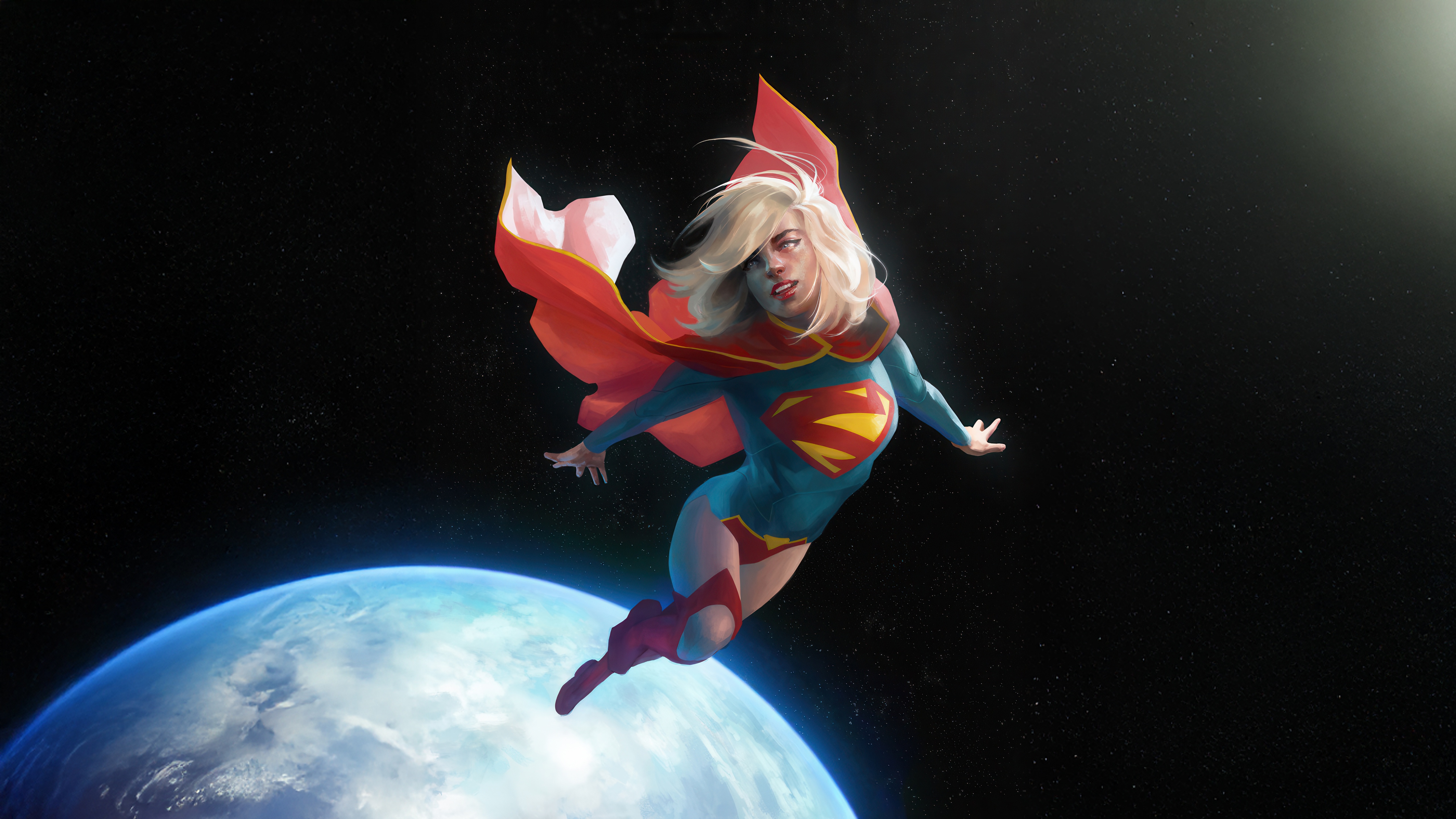 Supergirl flying in space above Earth HD Wallpaper